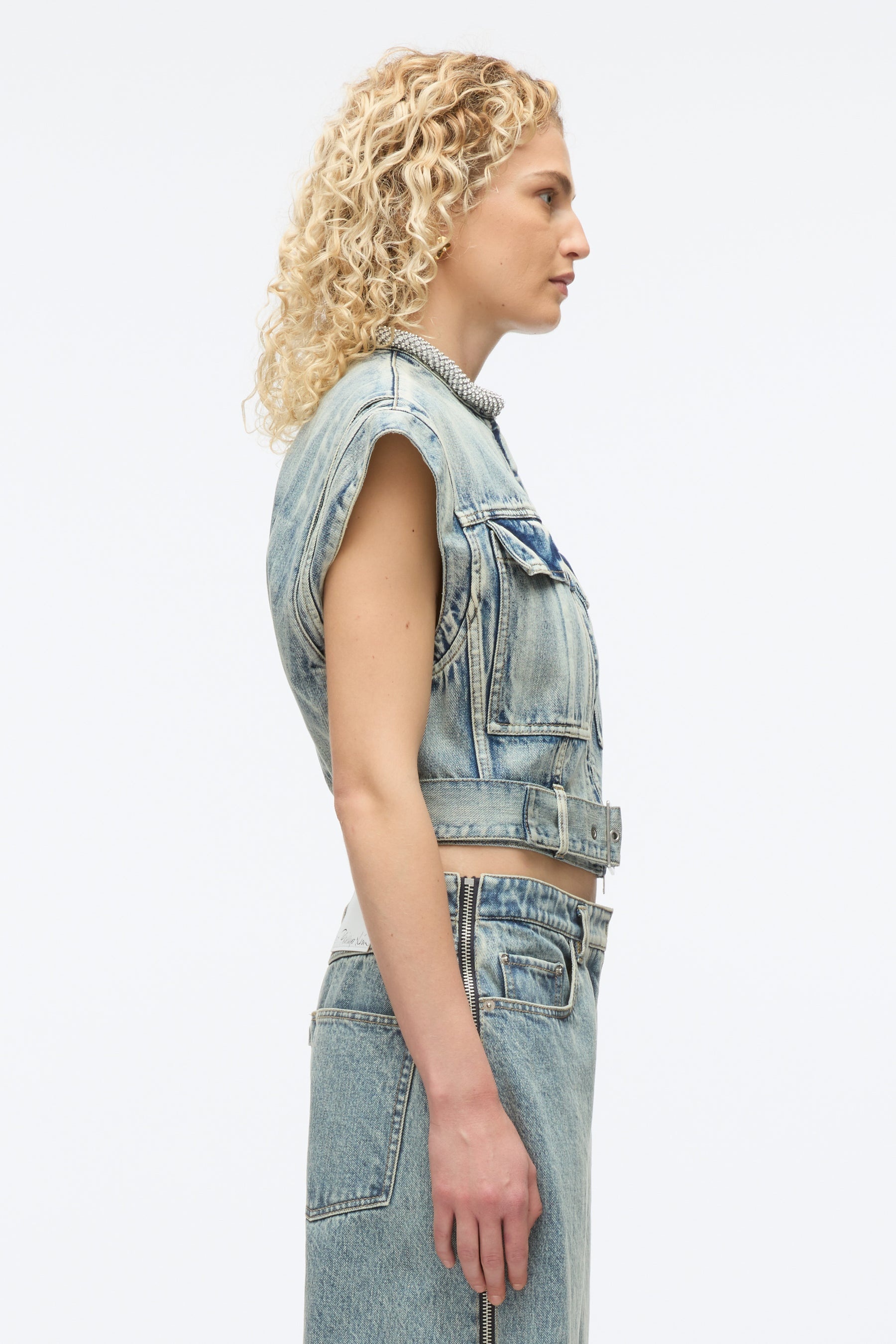 Denim Vest with Crystal Necklace - 3