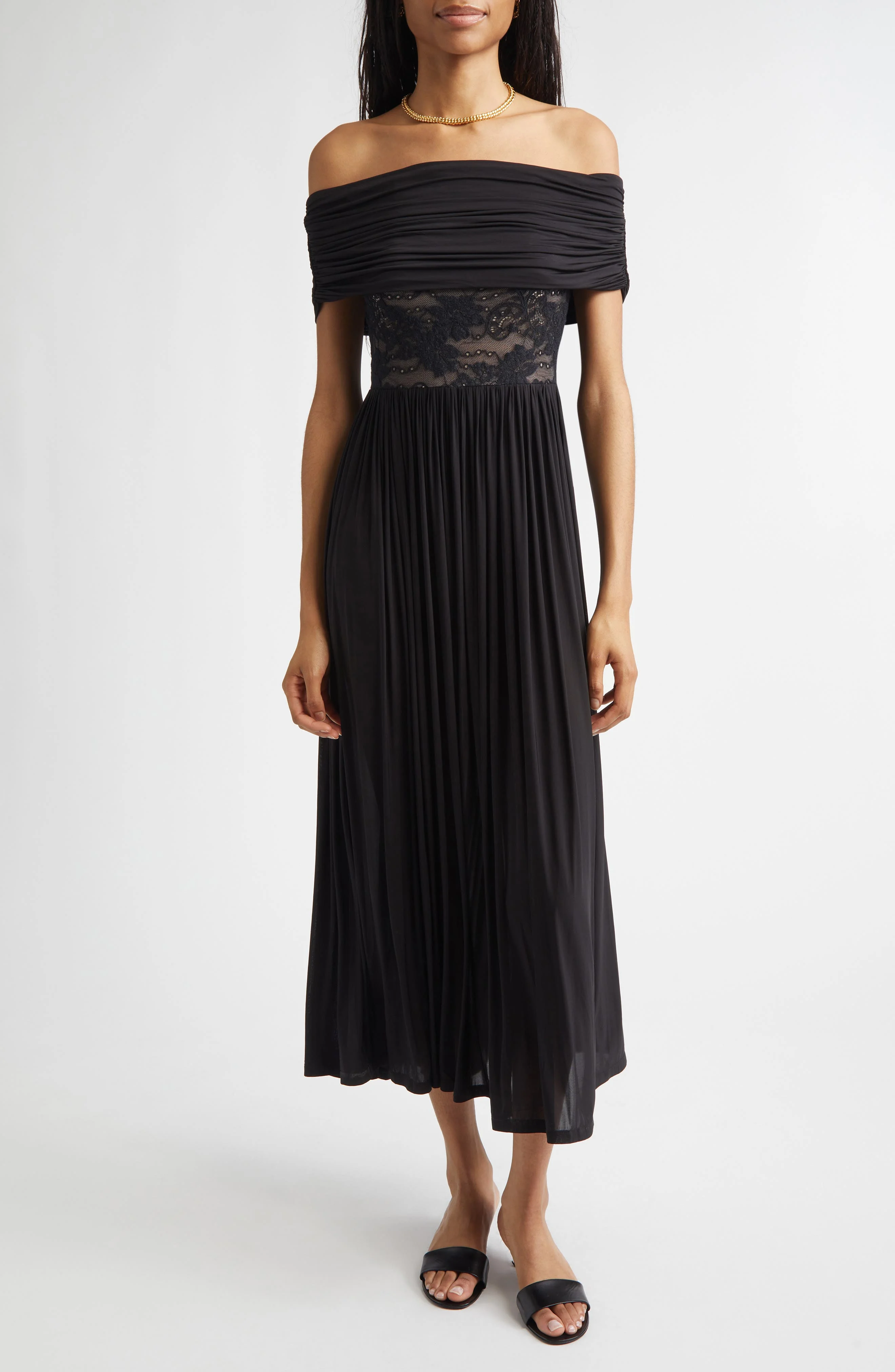 Zimmermann Rebellion Lace Inset Off the Shoulder Draped Dress in Black at Nordstrom - 1