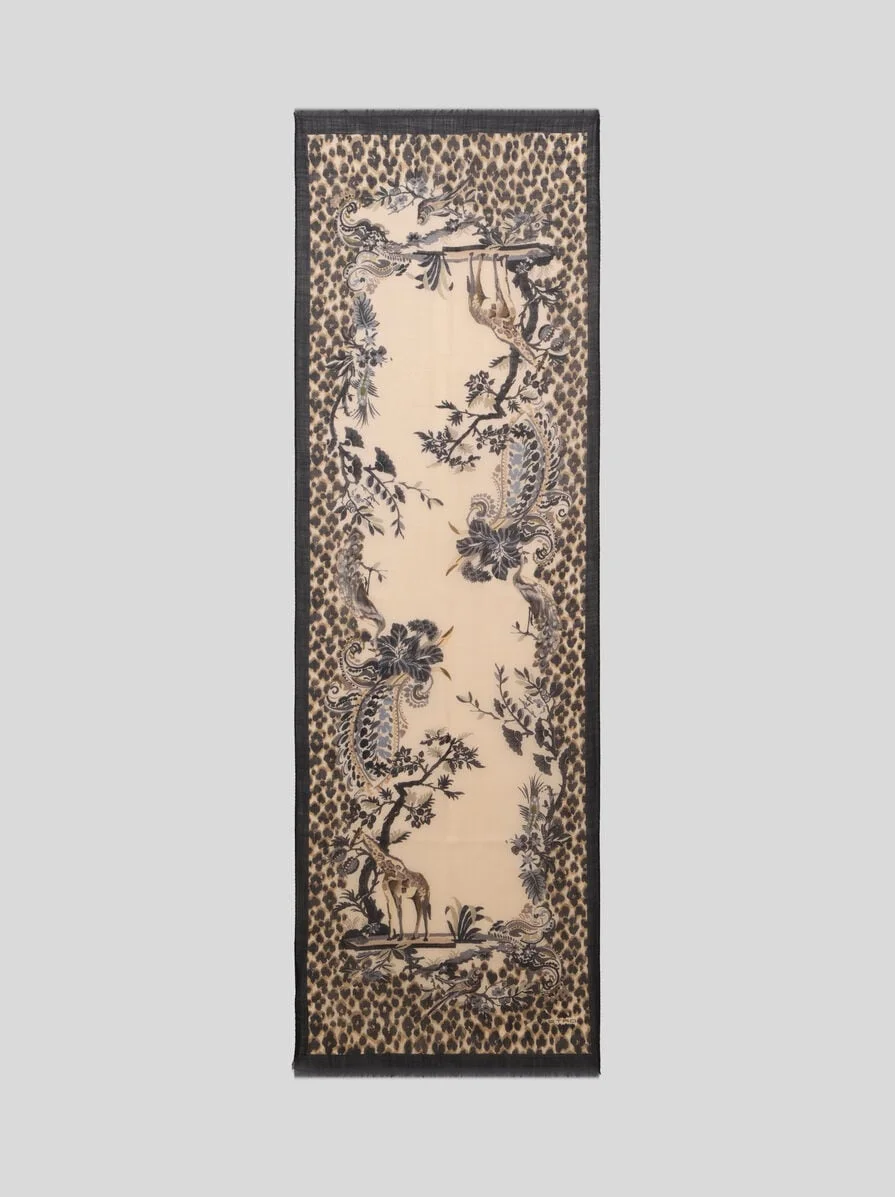 CASHMERE SCARF WITH ANIMAL AND FLOWER PRINT - 1