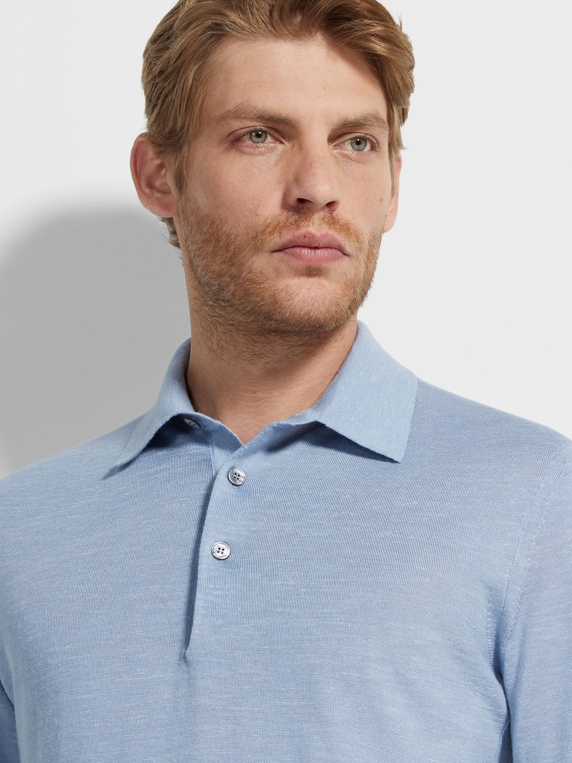 LIGHT BLUE MÉLANGE SILK CASHMERE AND LINEN POLO SHIRT - 2