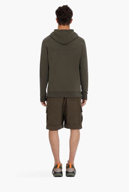 Khaki cotton sweatshirt with embossed khaki Balmain Paris logo - 3