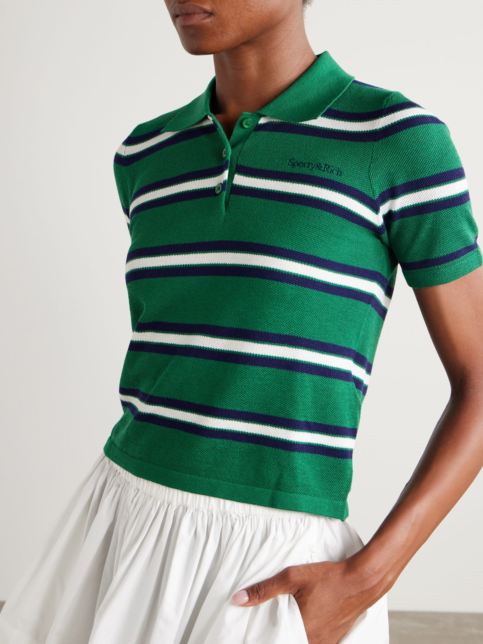 Striped silk and cotton-piqué polo shirt Green - 3