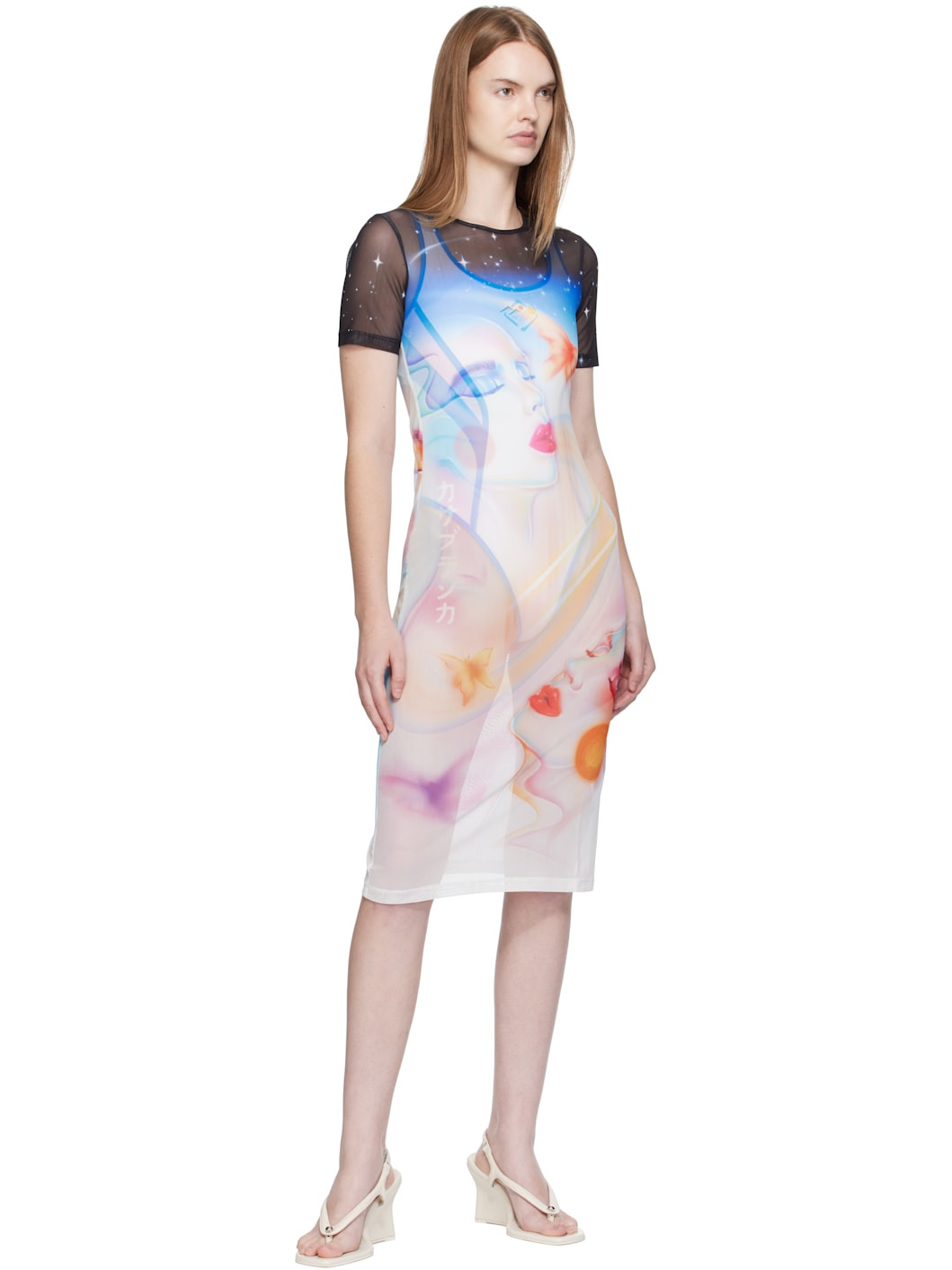 Multicolor Printed Mesh Midi Dress - 4