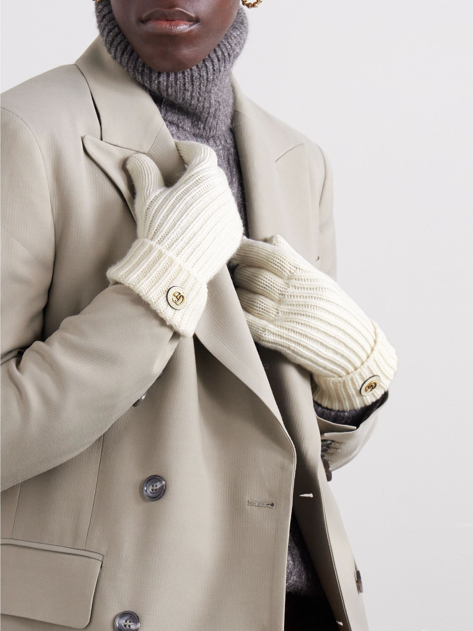 Embellished leather-trimmed wool and cashmere-blend gloves Ivory - 2