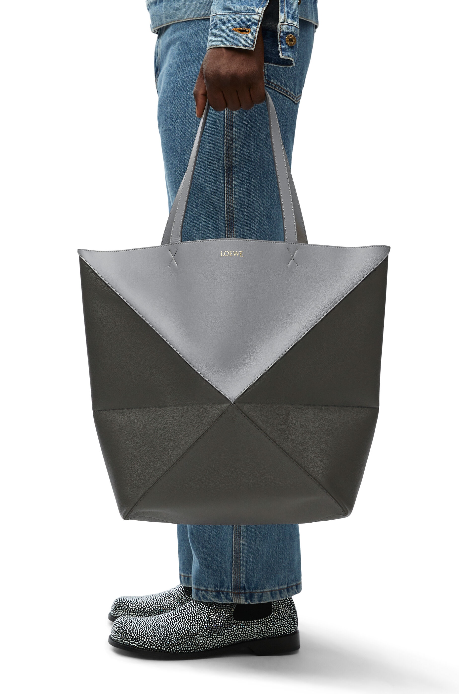 Large Puzzle Fold Tote in shiny calfskin 2