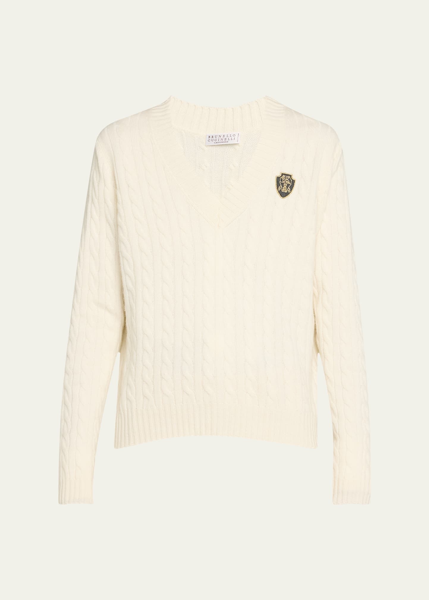 Cashmere Cable-Knit Sweater with Crest Embroidery - 1