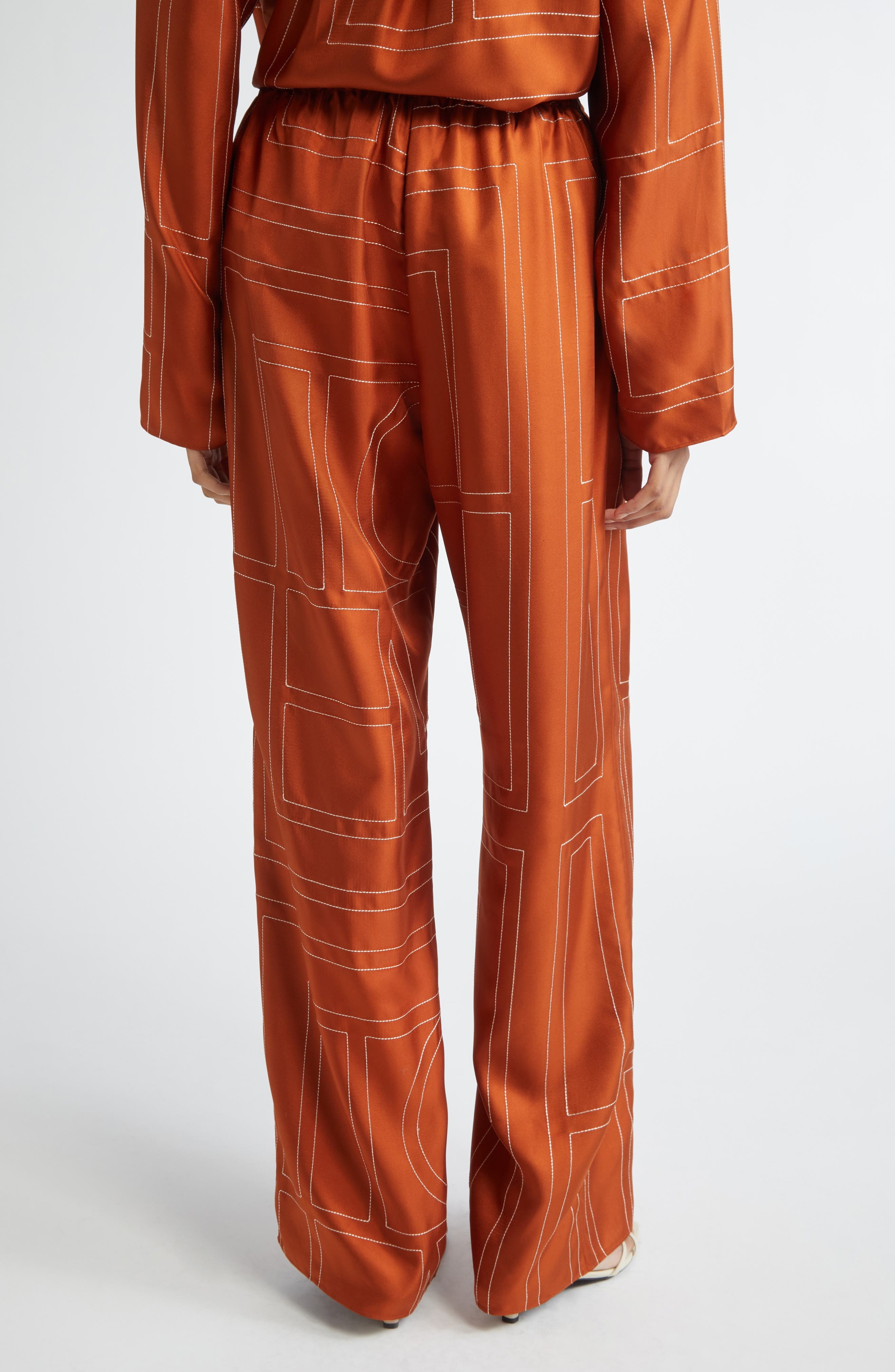 TOTEME Monogram Embroidered Silk Pants in Terracotta at Nordstrom - 3