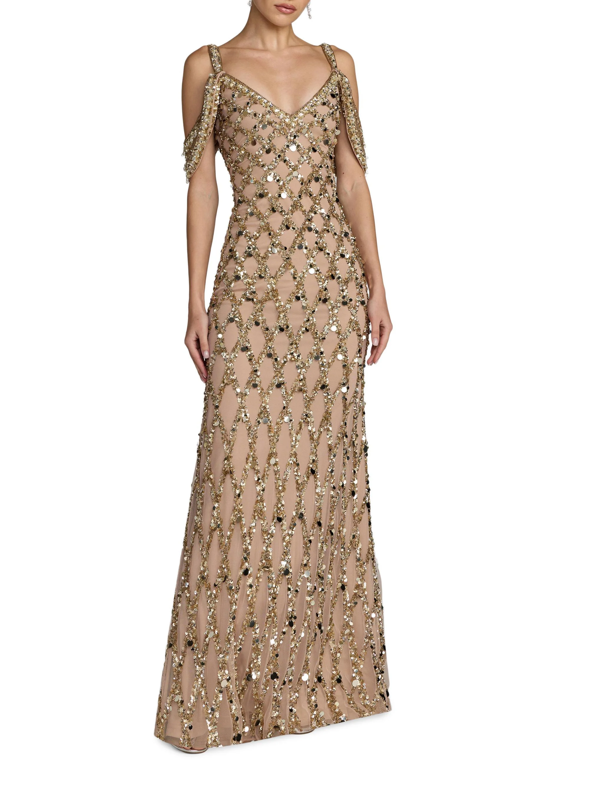 Women's Beaded Mesh Off-The-Shoulder Column Gown - Gold - 1