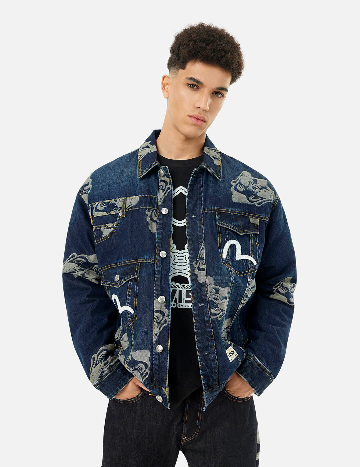 Allover Godhead Jacquard and Seagull Embroidery Loose Fit Deconstructive Denim Jacket - 7