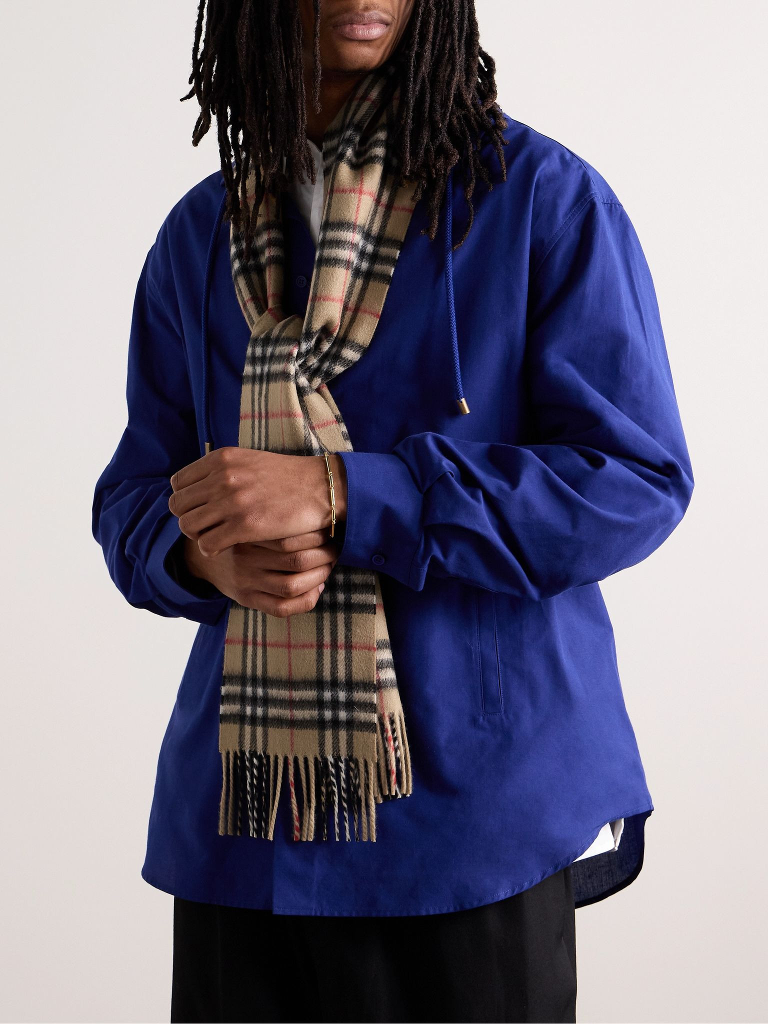 Fringed Checked Cashmere Scarf Tan - 2