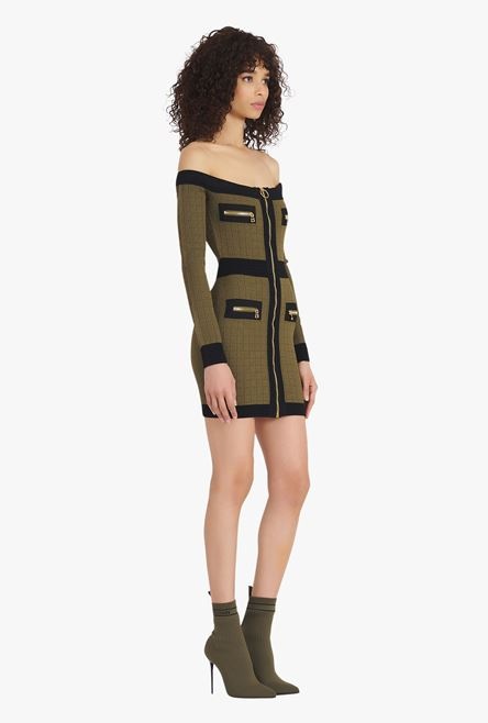 Khaki and black viscose off-the-shoulder dress - 7