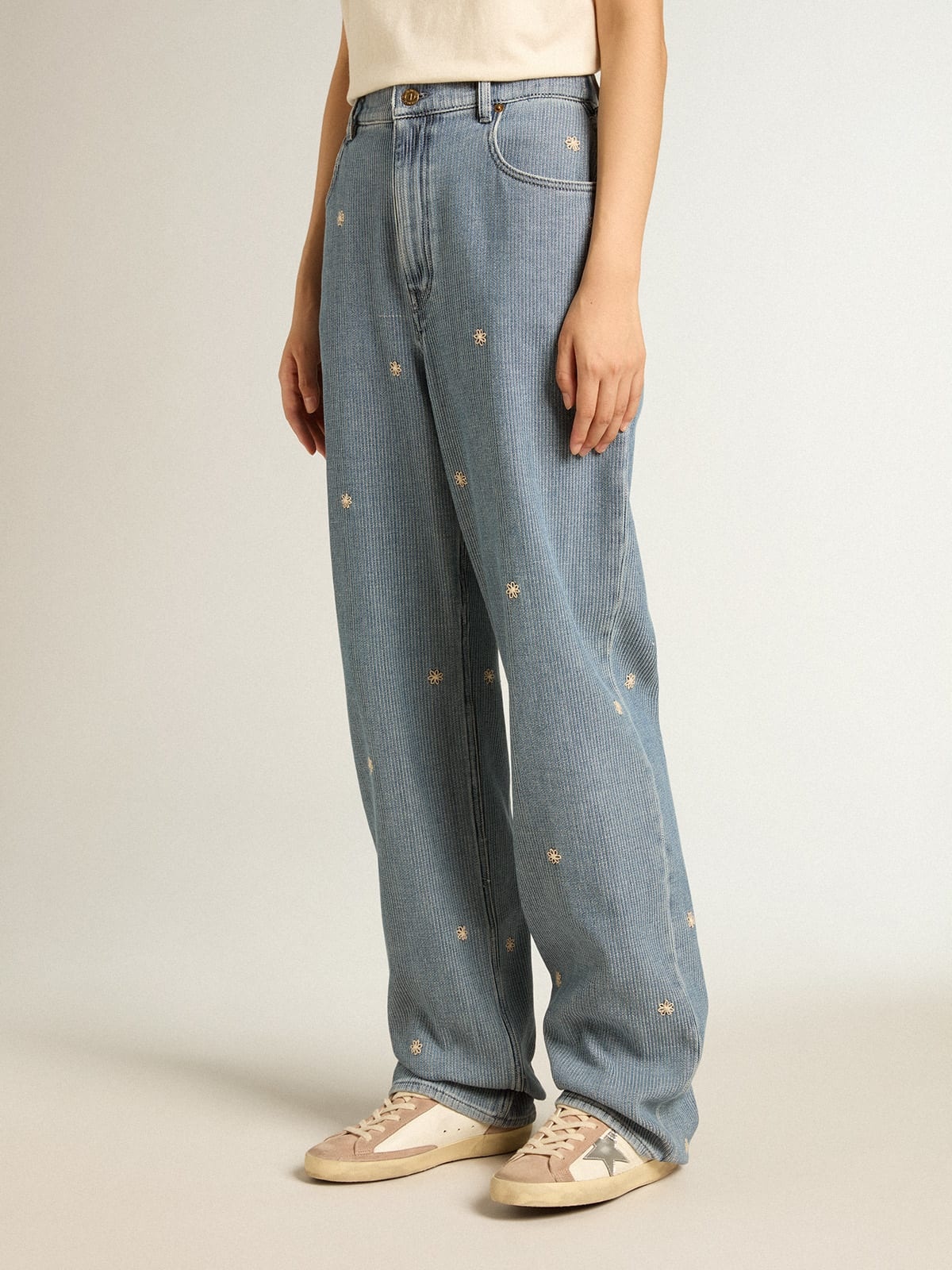 Women’s cotton denim pants with floral embroidery - 2