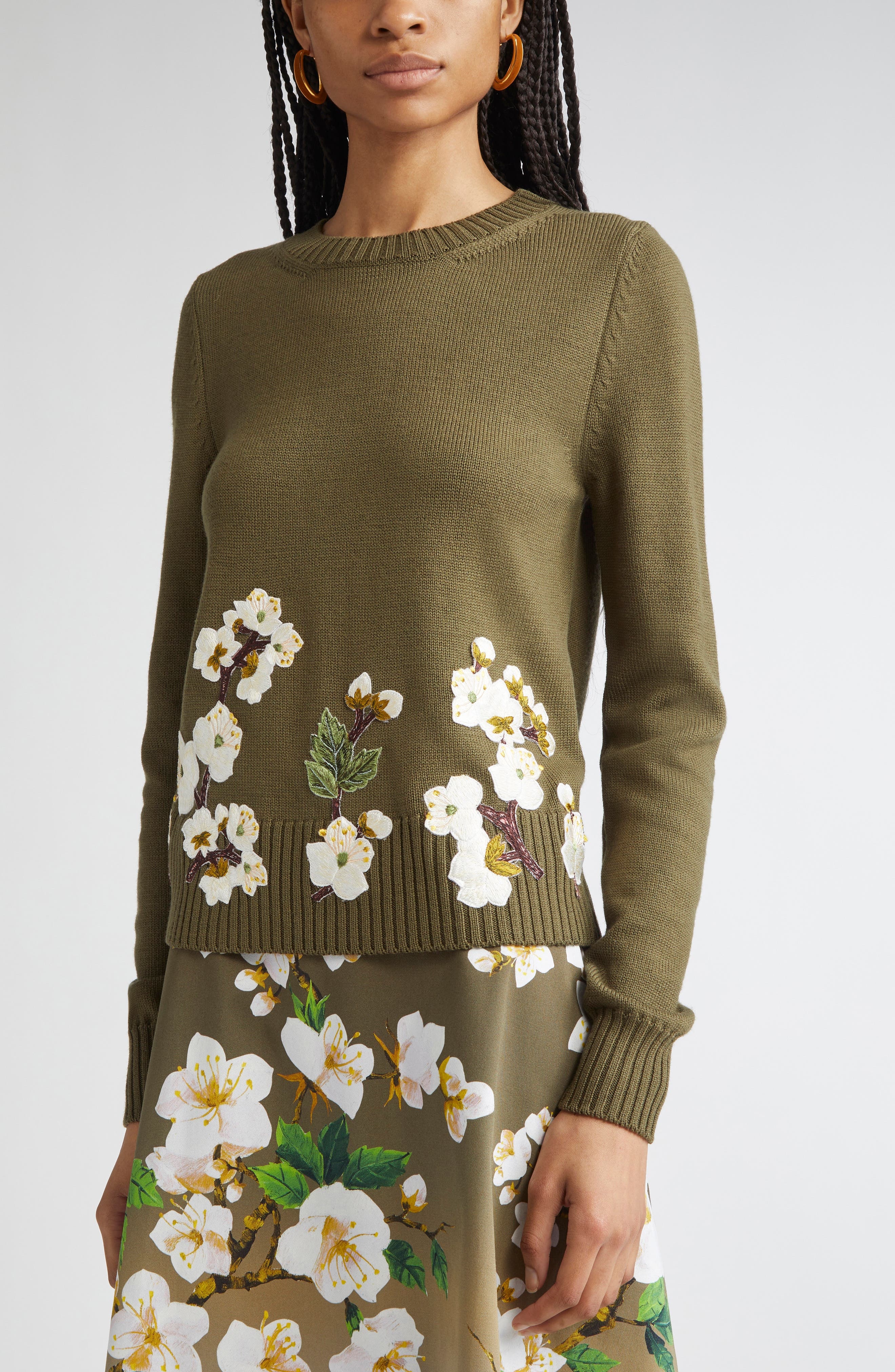Oscar de la Renta Cherry Blossom Embroidered Virgin Wool Sweater in Khaki at Nordstrom - 4
