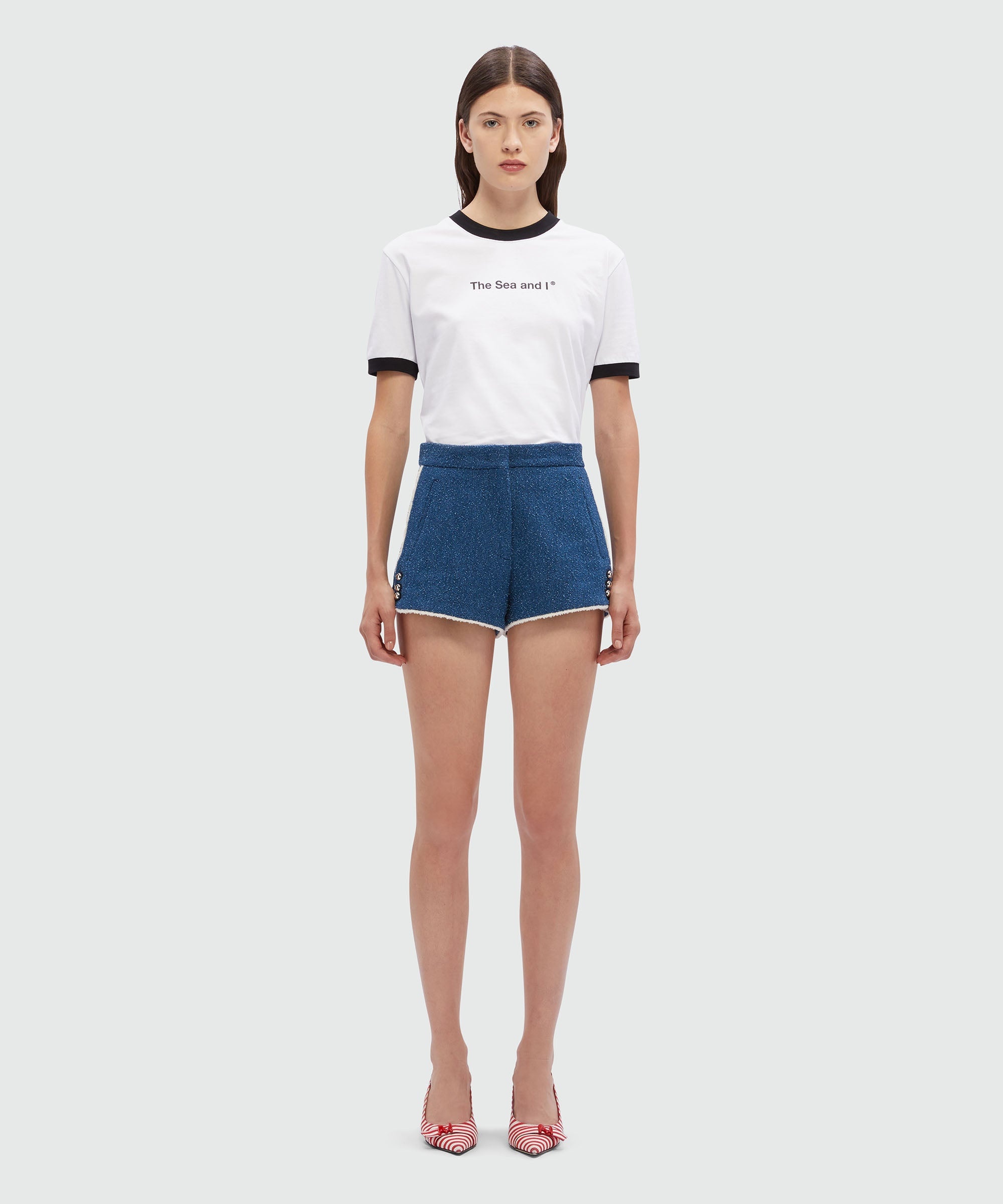 Blue boucle tweed denim shorts - 2
