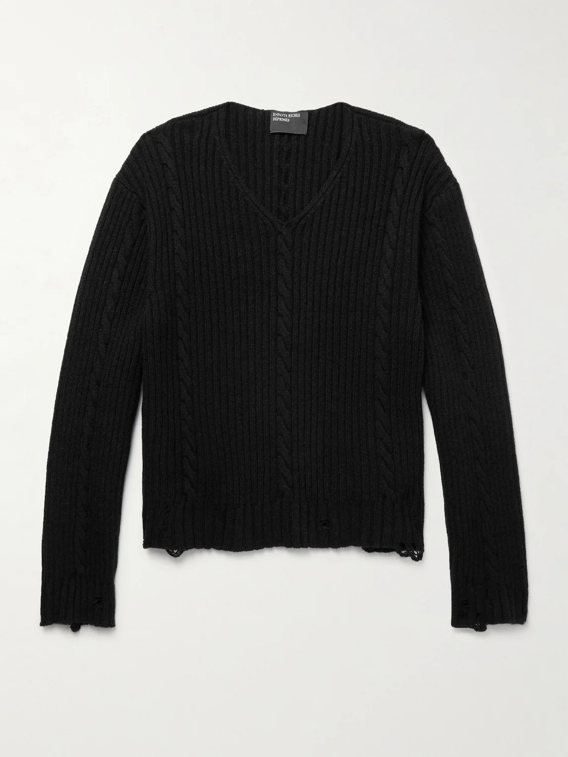 Distressed Ribbed Cable-Knit Cashmere Sweater - 1