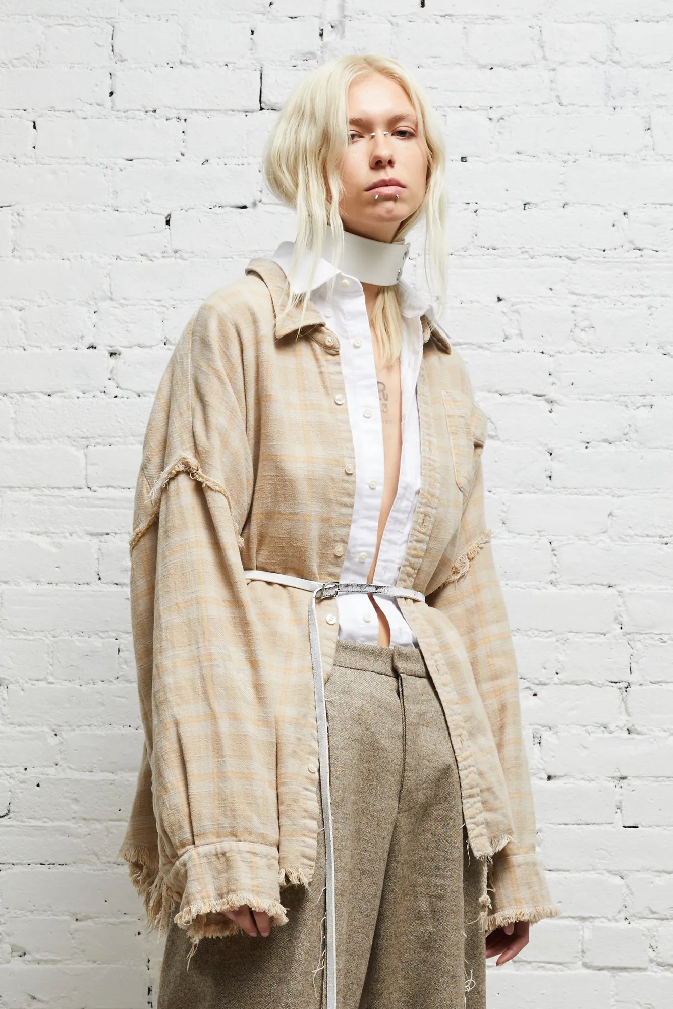 SHREDDED SEAM DROP NECK SHIRT - OVERDYED KHAKI PLAID - 1