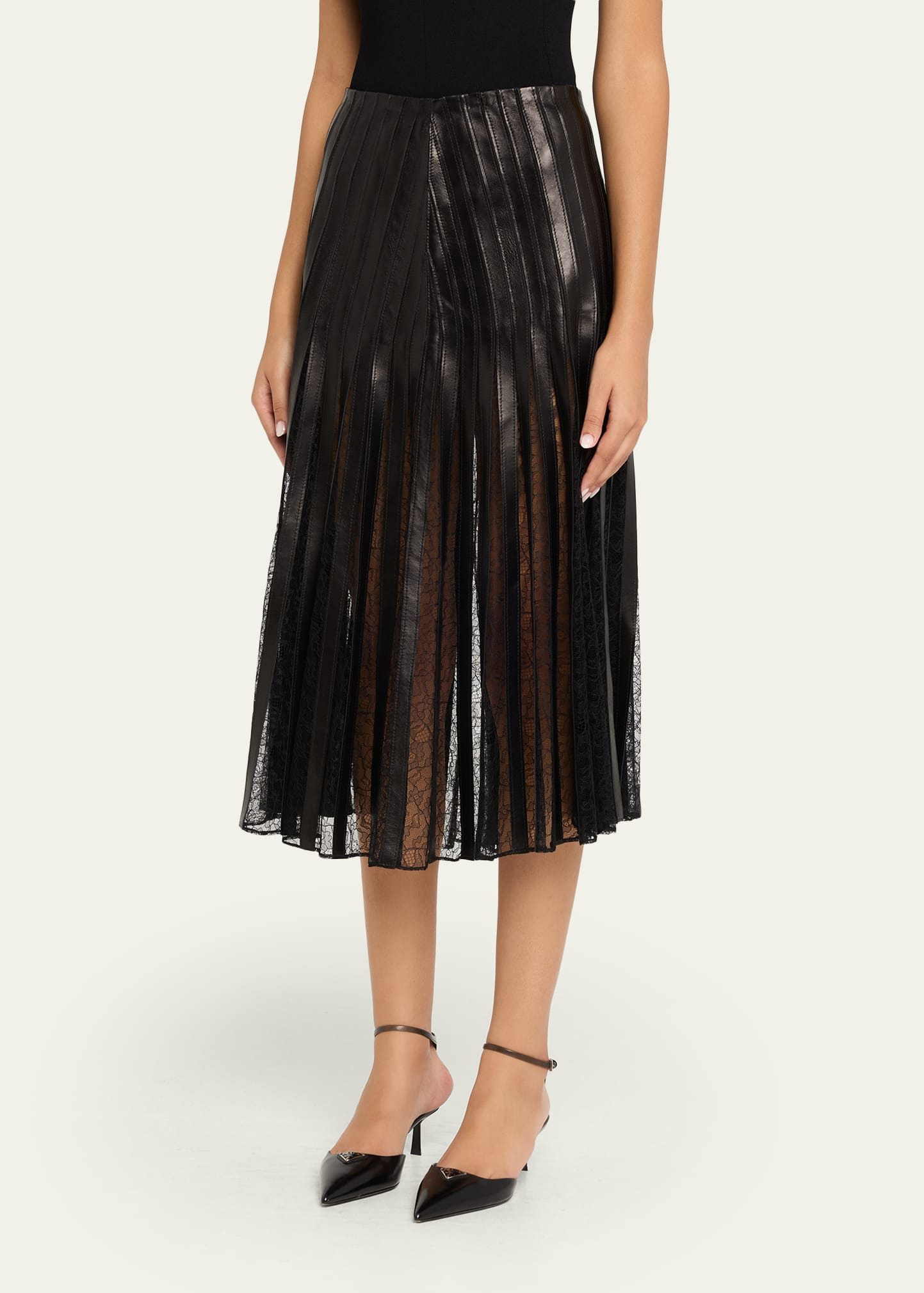 Alix Lace-Inset Pleated Leather Midi Skirt - 4