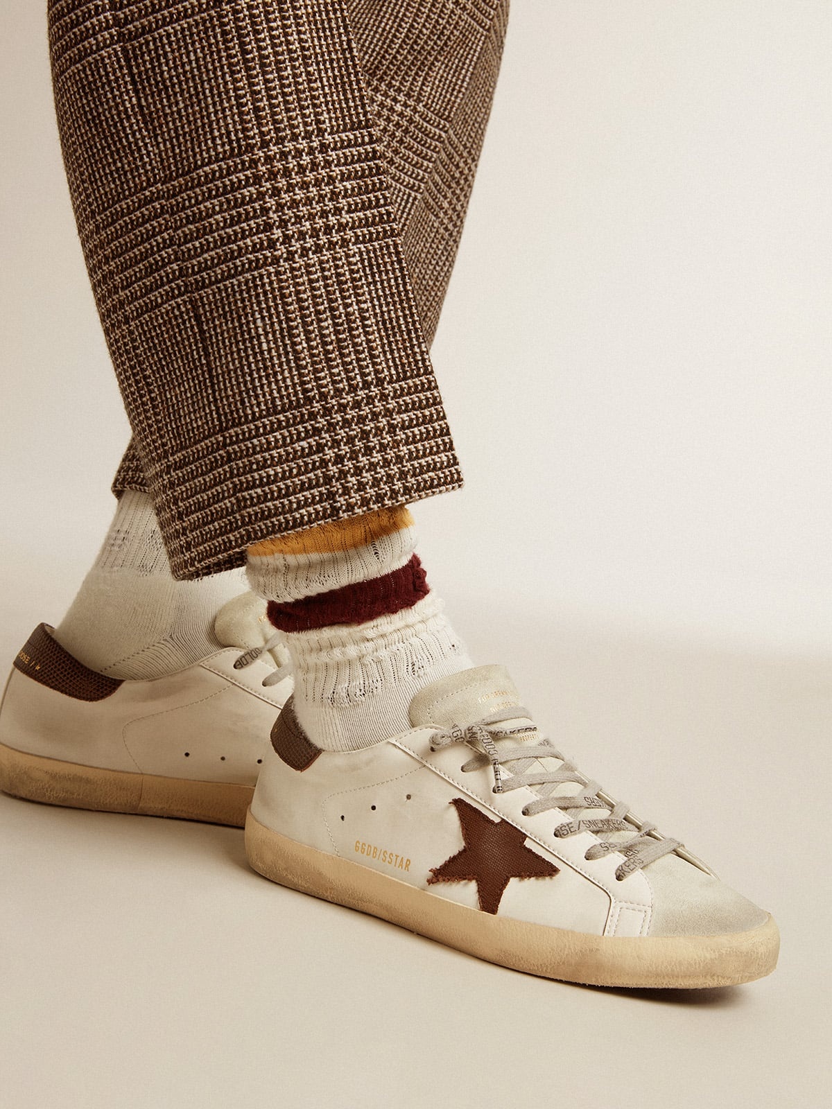 Worn white with distressed details and two-tone mustard and burgundy stripes - 3