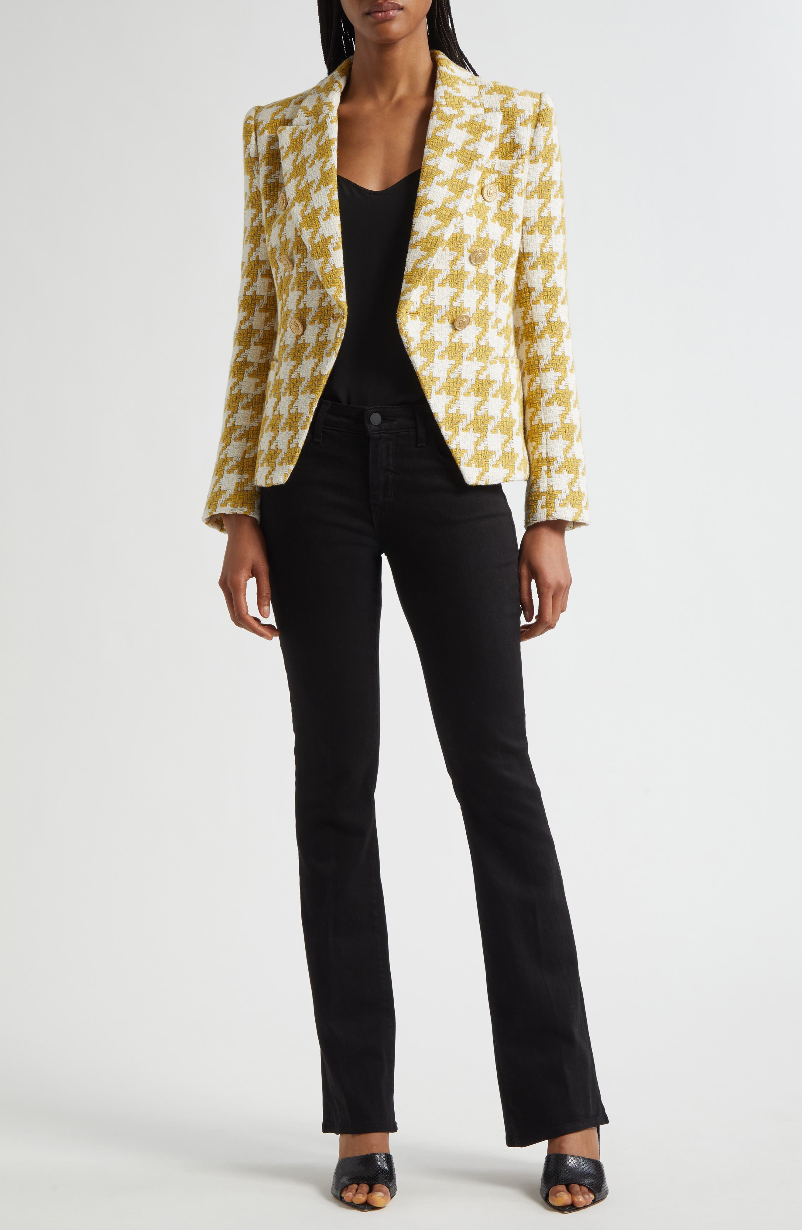L'AGENCE Marie Houndstooth Tweed Double Breasted Blazer in Ceylon Yellow Houndstooth at Nordstrom - 2