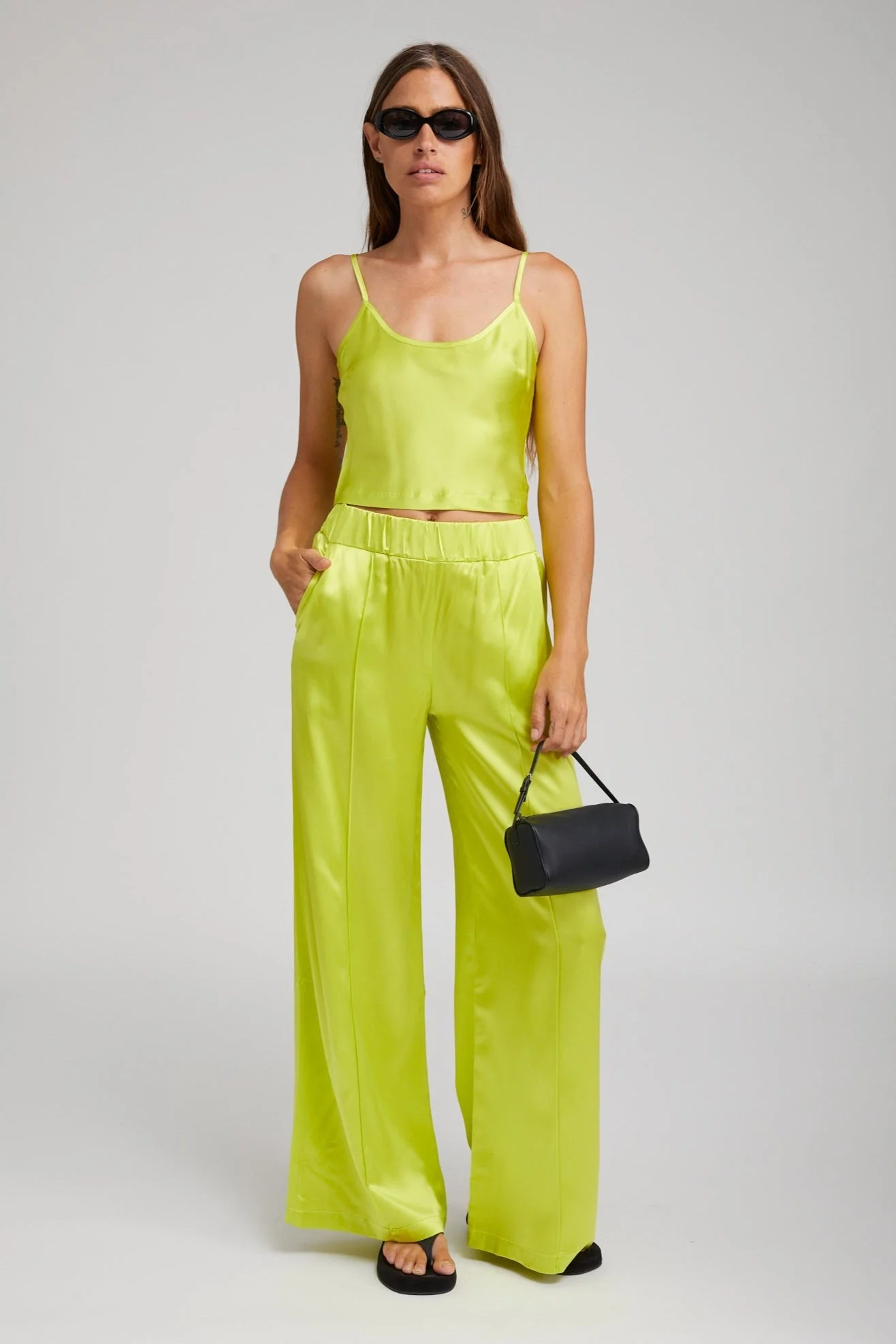 ELECTRIC CHARTREUSE SILK CROPPED CAMI - 1