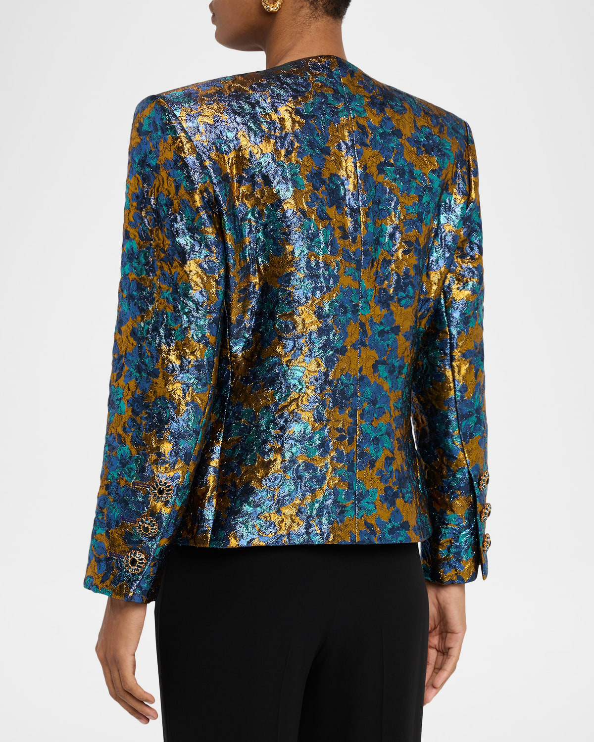 Metallic Floral Brocade Single-Breasted Jacket - 3