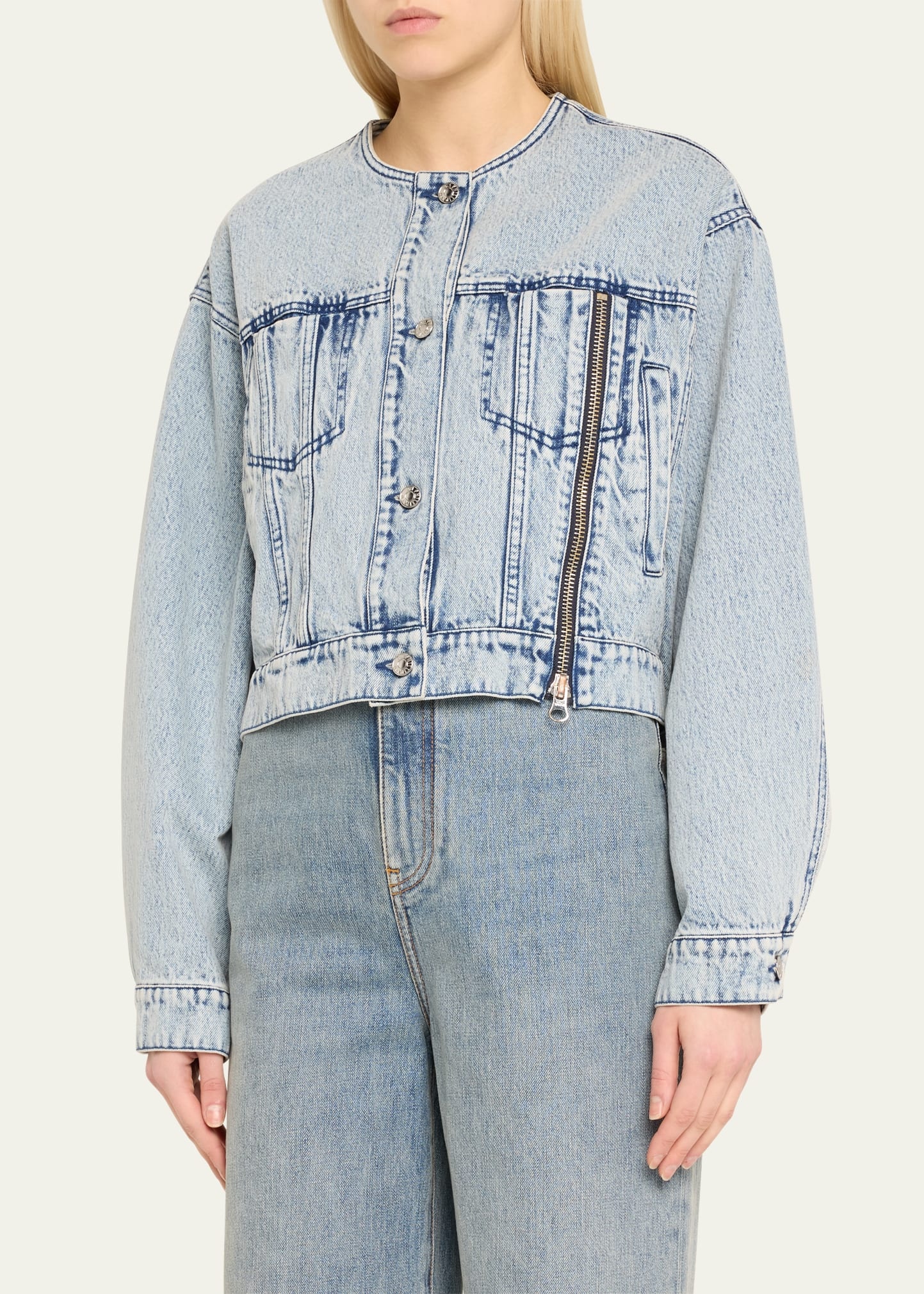 Collarless Denim Jacket - 4