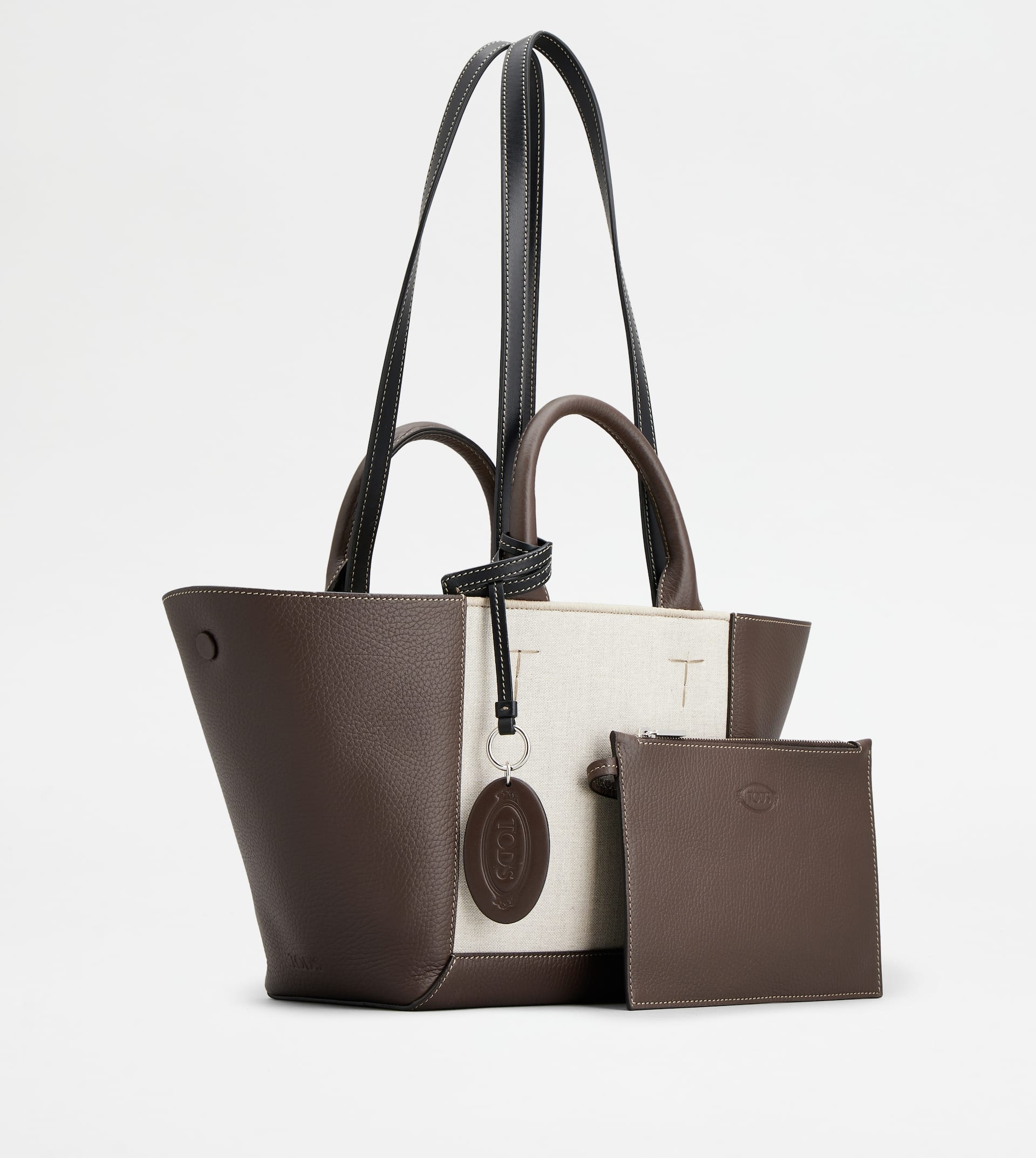 TOD'S DOUBLE UP SHOPPING BAG IN LEATHER AND CANVAS SMALL - BROWN, OFF WHITE - 6