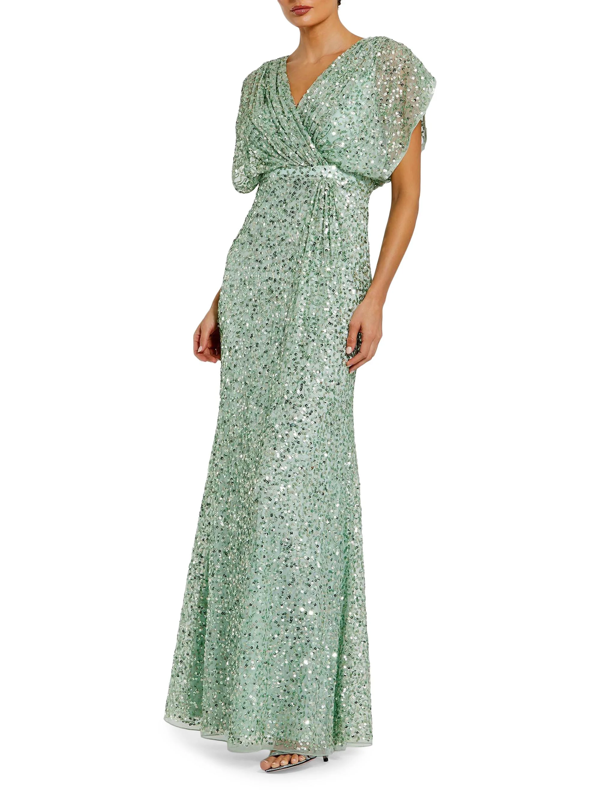 Women's Evening Metallic Blouson Gown - Seafoam - 1