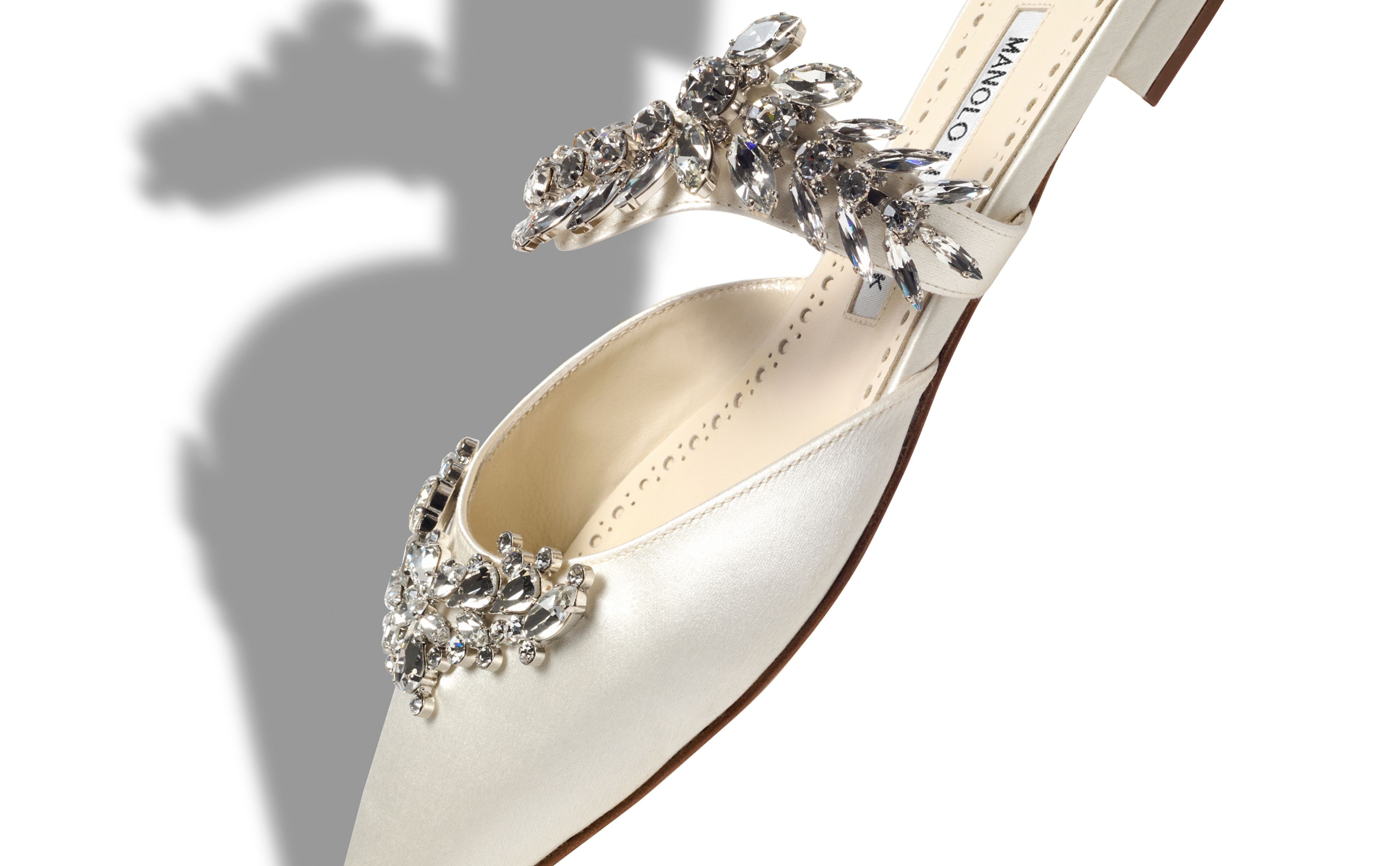 Light Cream Satin Crystal Embellished Flat Mules - 4