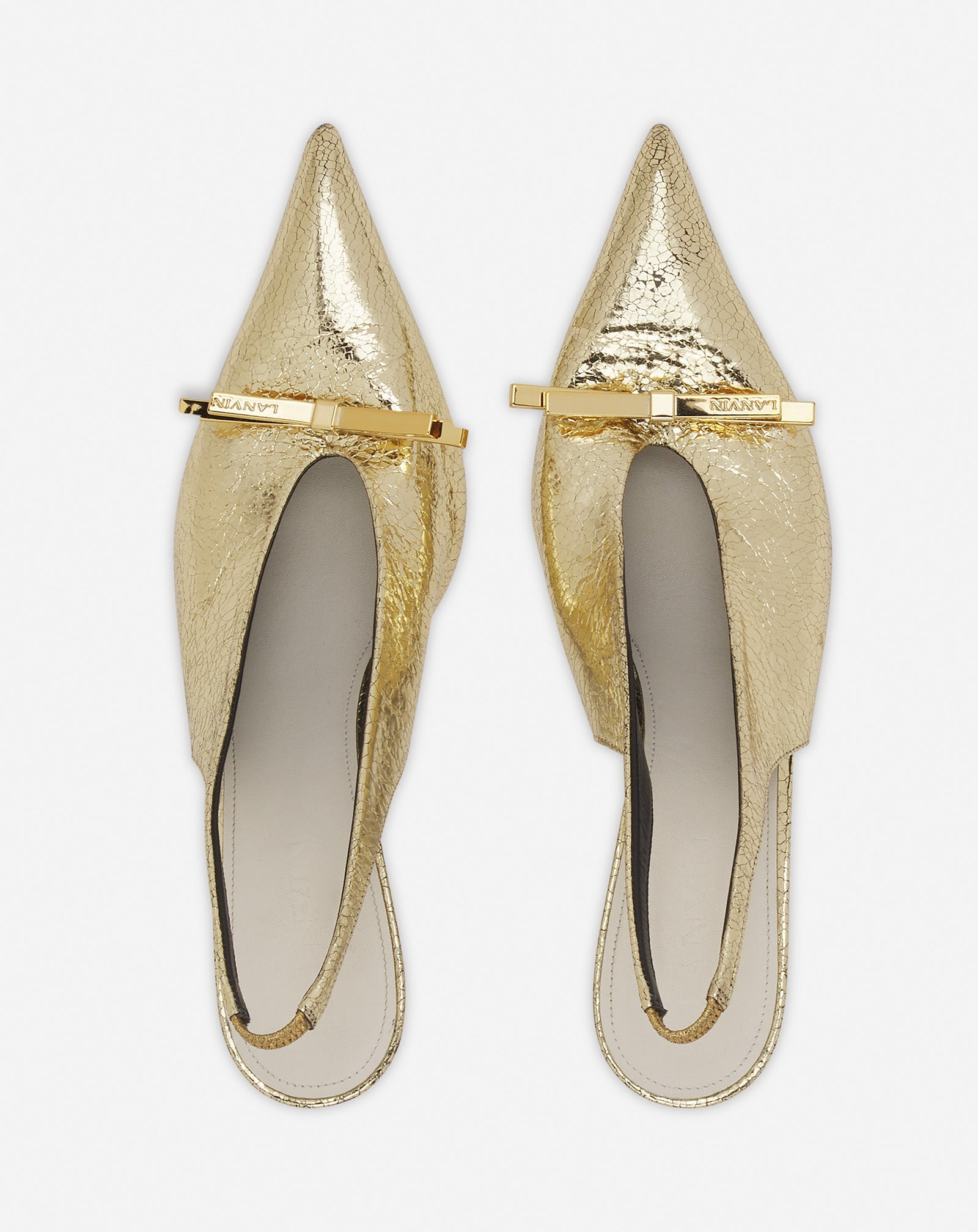LANVIN BOW SLINGBACK PUMPS IN CRACKLED METALLIC LEATHER - 3