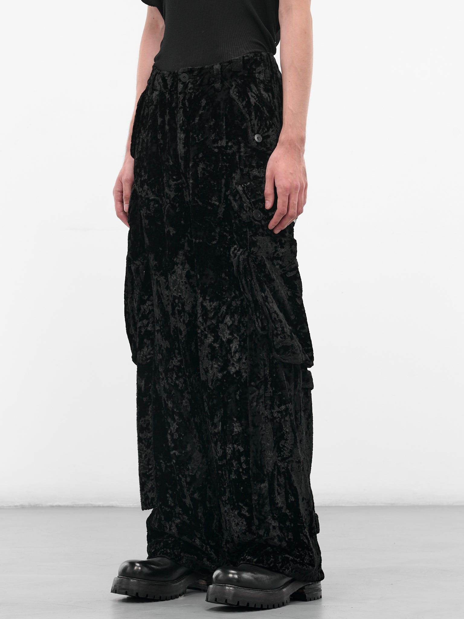 Black Crushed Velvet Cargo Pants - 2