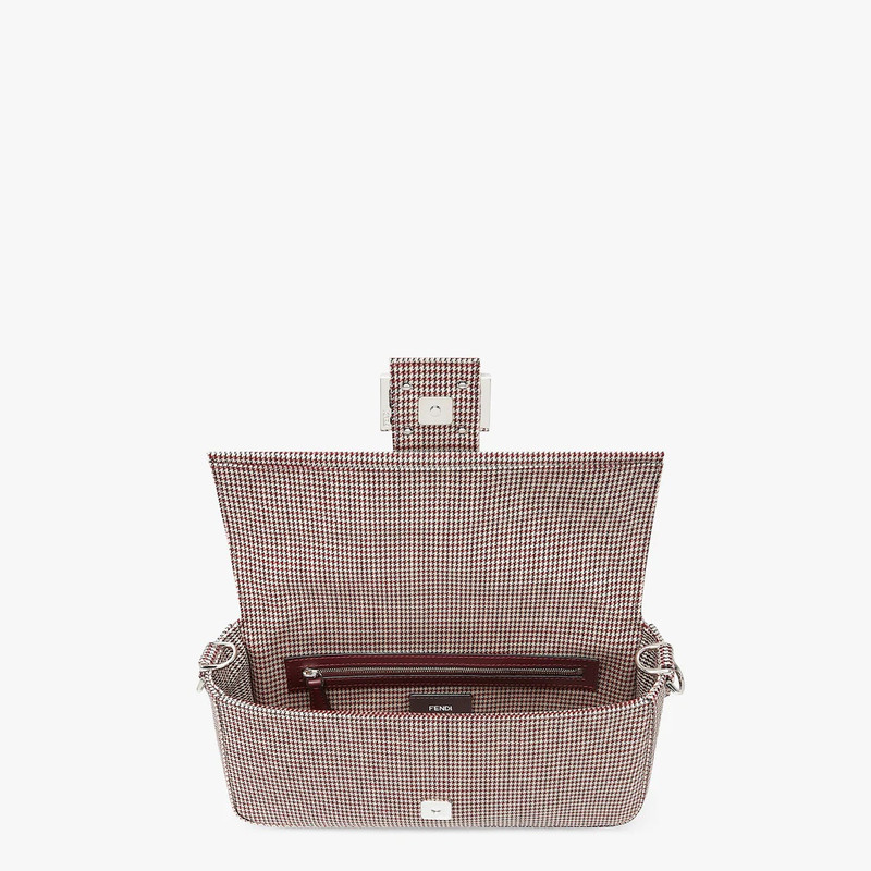 Baguette made of fabric with houndstooth motif in white and red, with square flap and FF magnetic cl 4