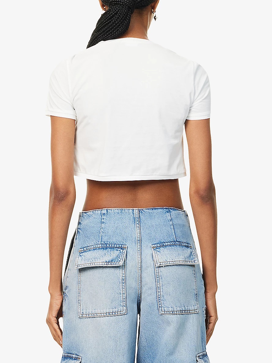 Gather Cropped Cotton-Blend Stretch-Jersey T-Shirt - 4
