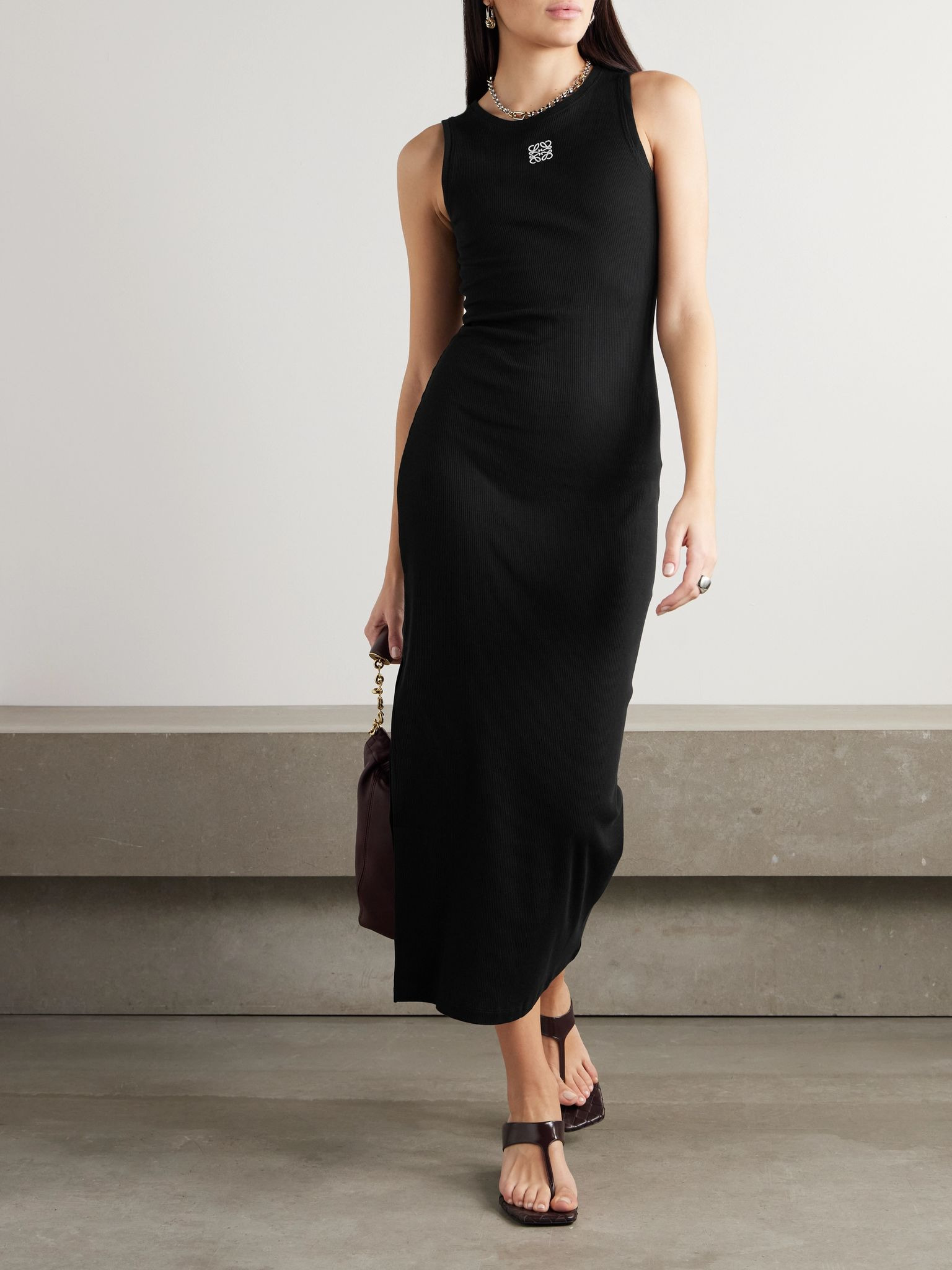 Anagram embroidered ribbed cotton-jersey midi dress Black - 2