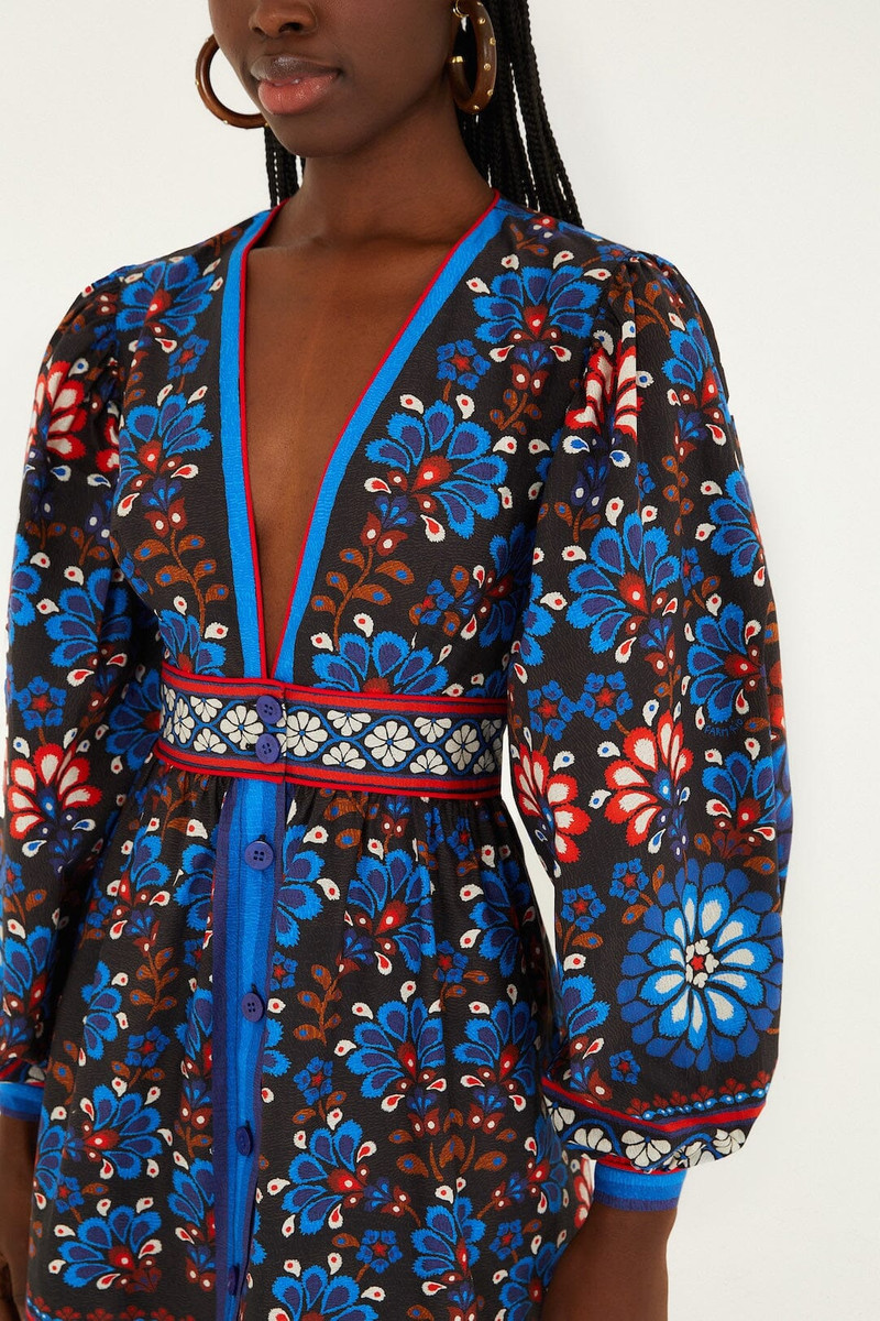 FARM RIO Black Latina Scarf Puff Sleeve Organic Cotton Mini Dress outlook