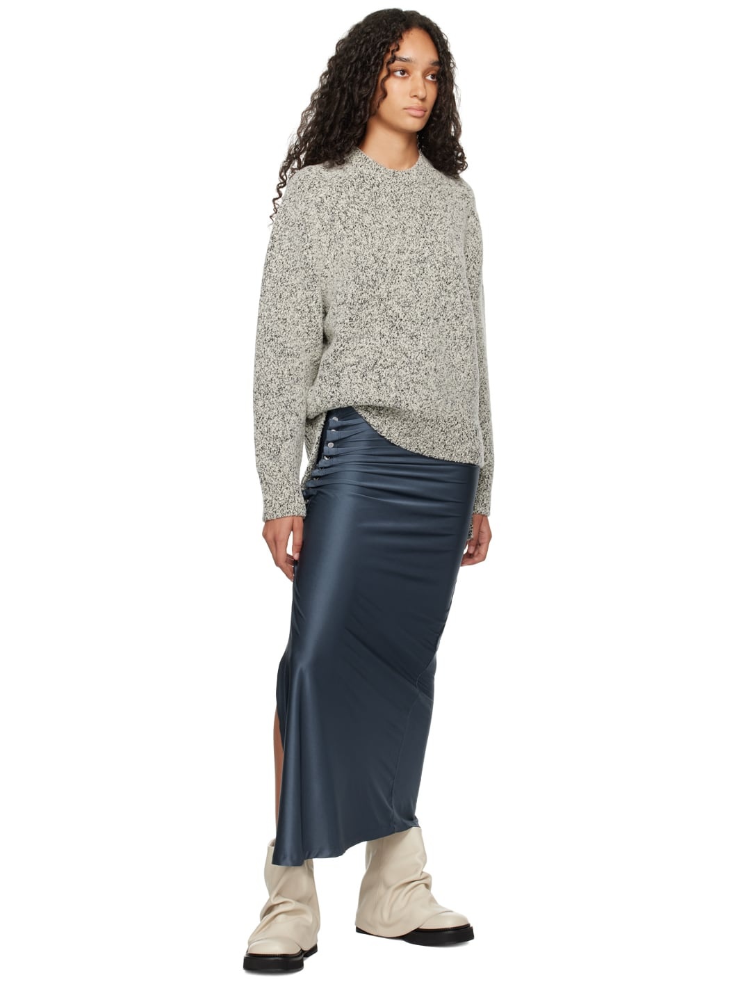 Gray Drapé Pression Midi Skirt - 4