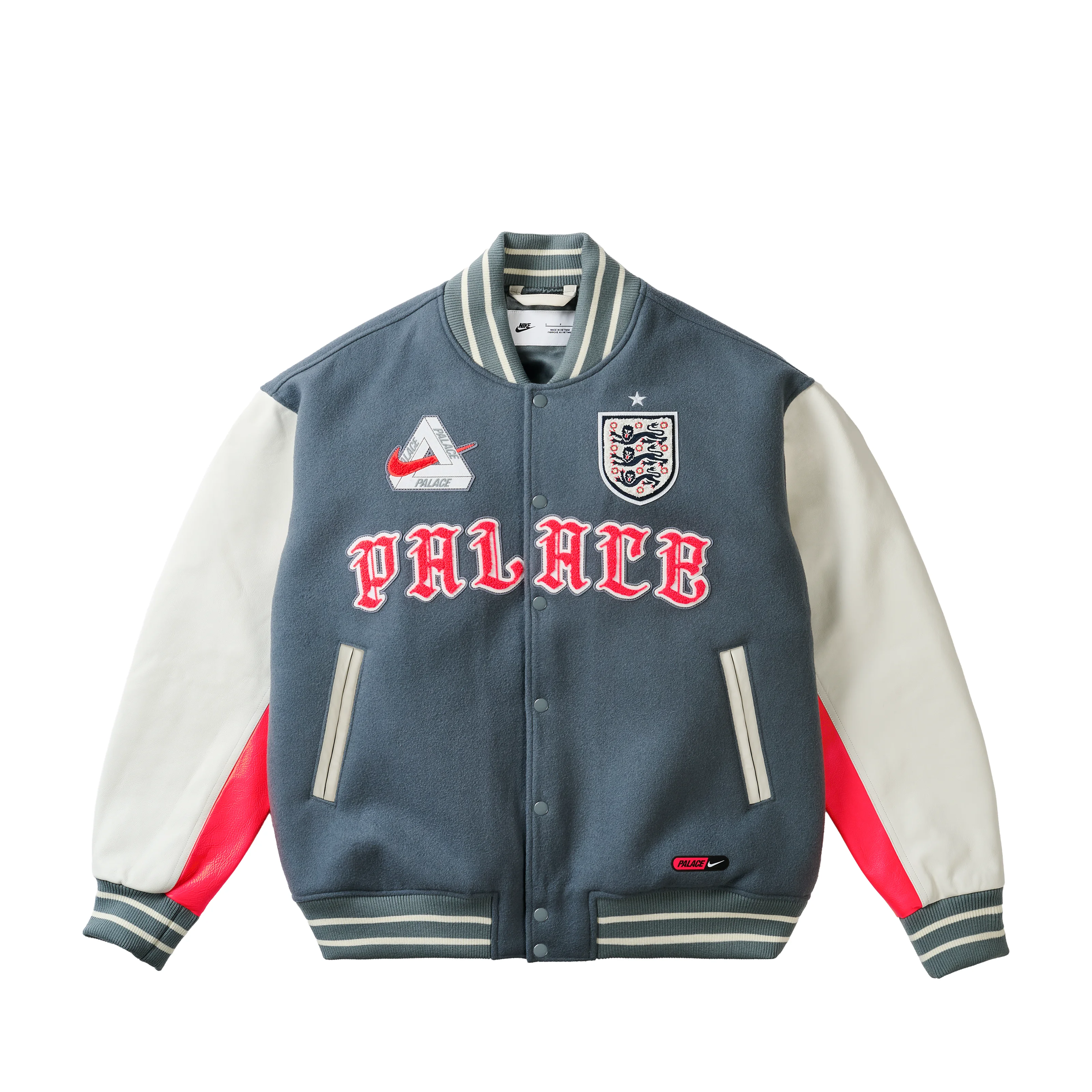 PALACE NIKE ENGLAND VARSITY JACKET COOL GREY / WHITE / BRIGHT CRIMSON - 1