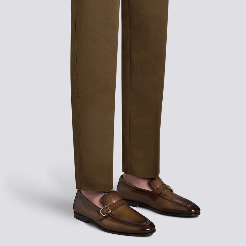 Santoni Men's dark brown leather single-buckle loafer outlook