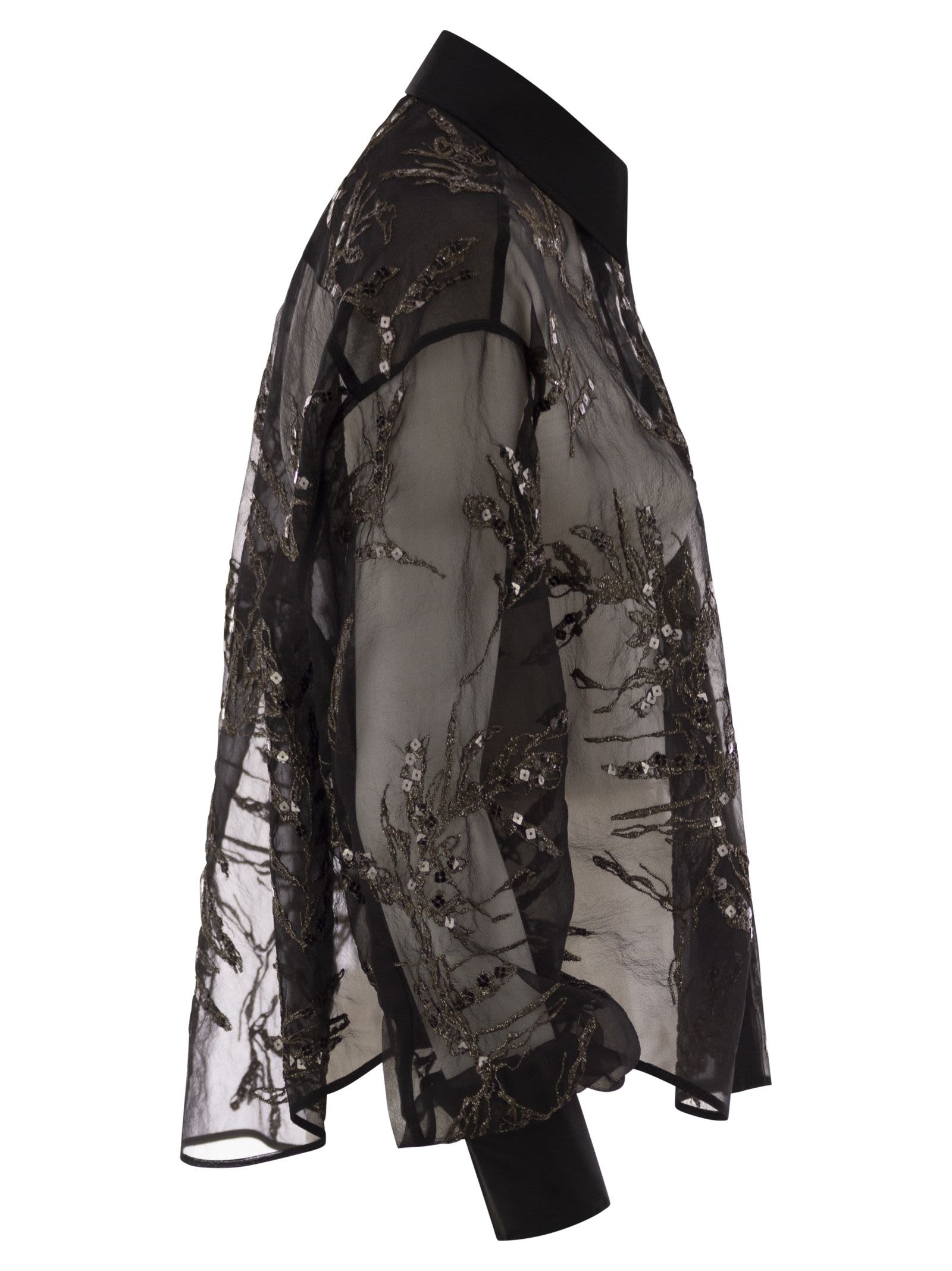 Brunello Cucinelli Women Crispy Silk Shirt With Glistening Flora Embroidery - 3