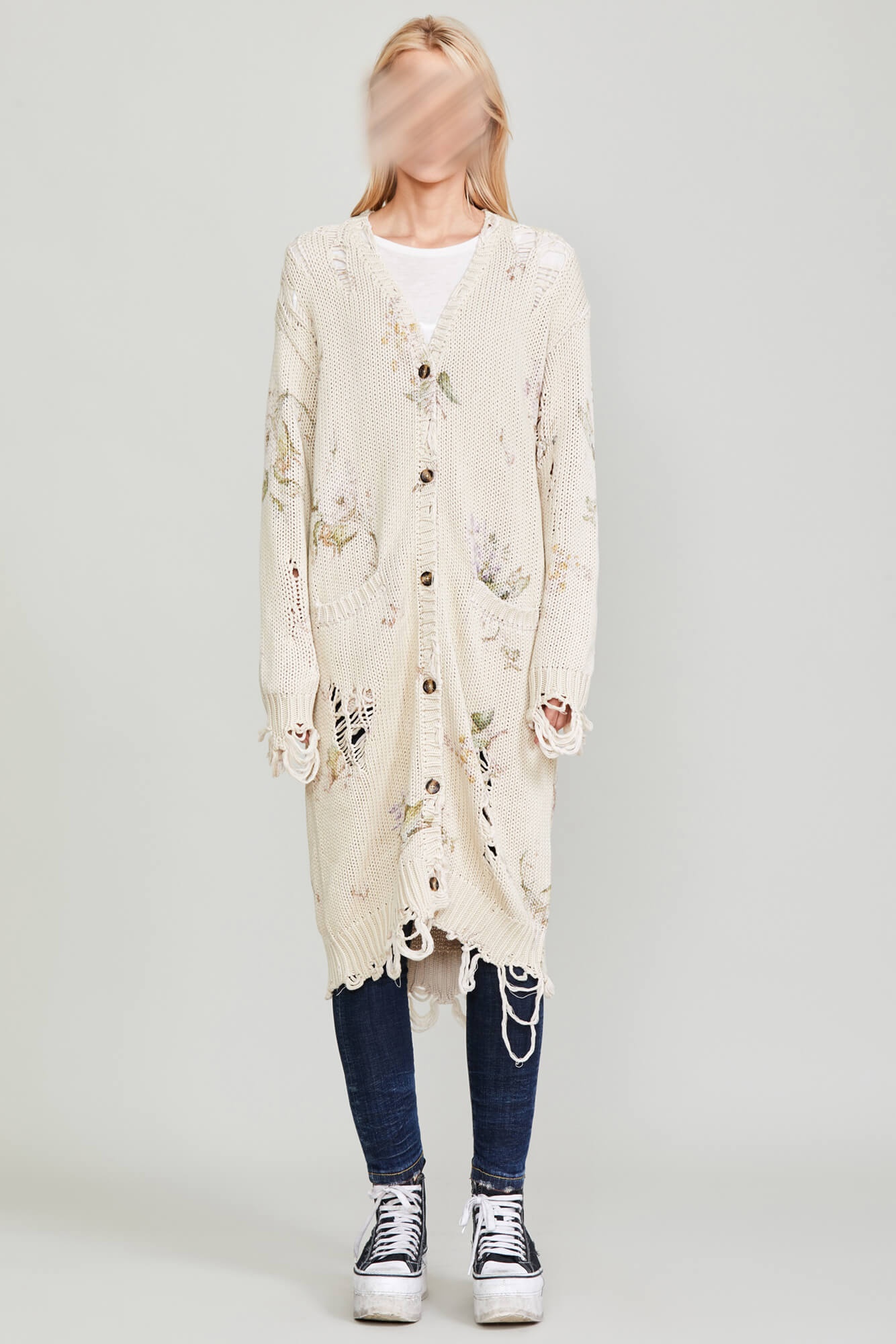 DISTRESSED LONG CARDIGAN - FLORAL ON KHAKI - 5