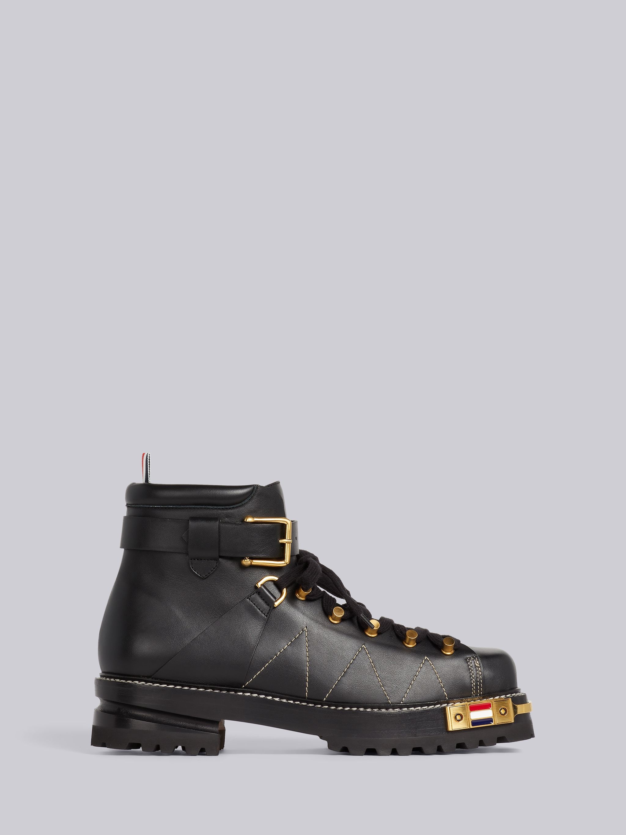 Black Vitello Calf Leather Brass Toe Stacked Sole Square Toe Hiking Boot - 1