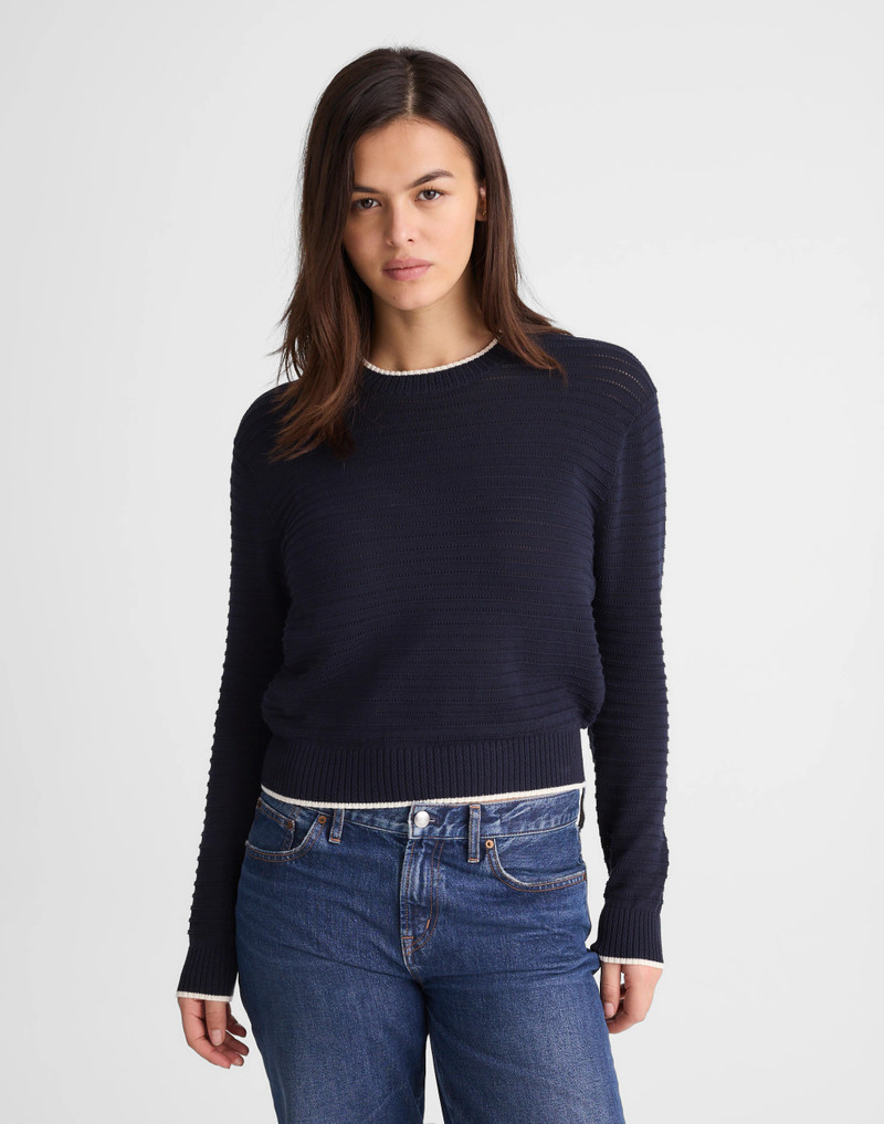 Striped Textured-Stitch Crewneck Sweater in 100% Cotton 2