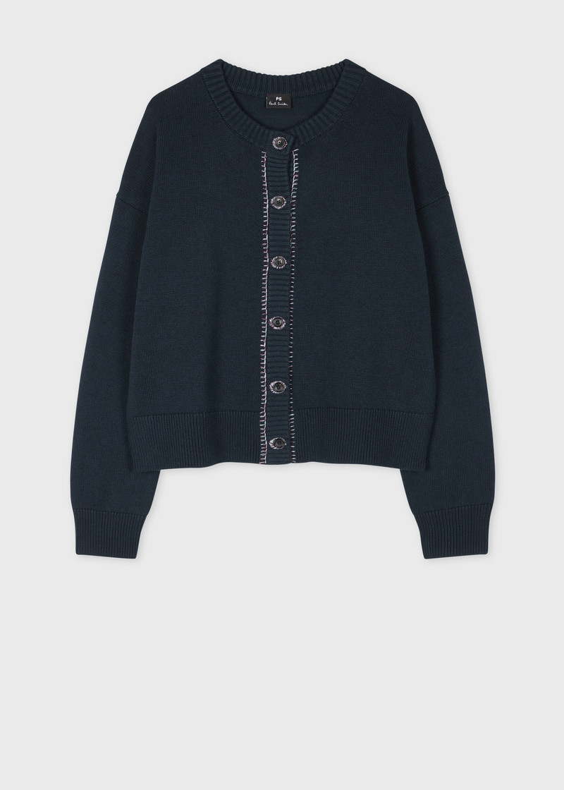 Women's Navy Contrast-Stitch Placket Knitted Merino-Blend Cardigan 1