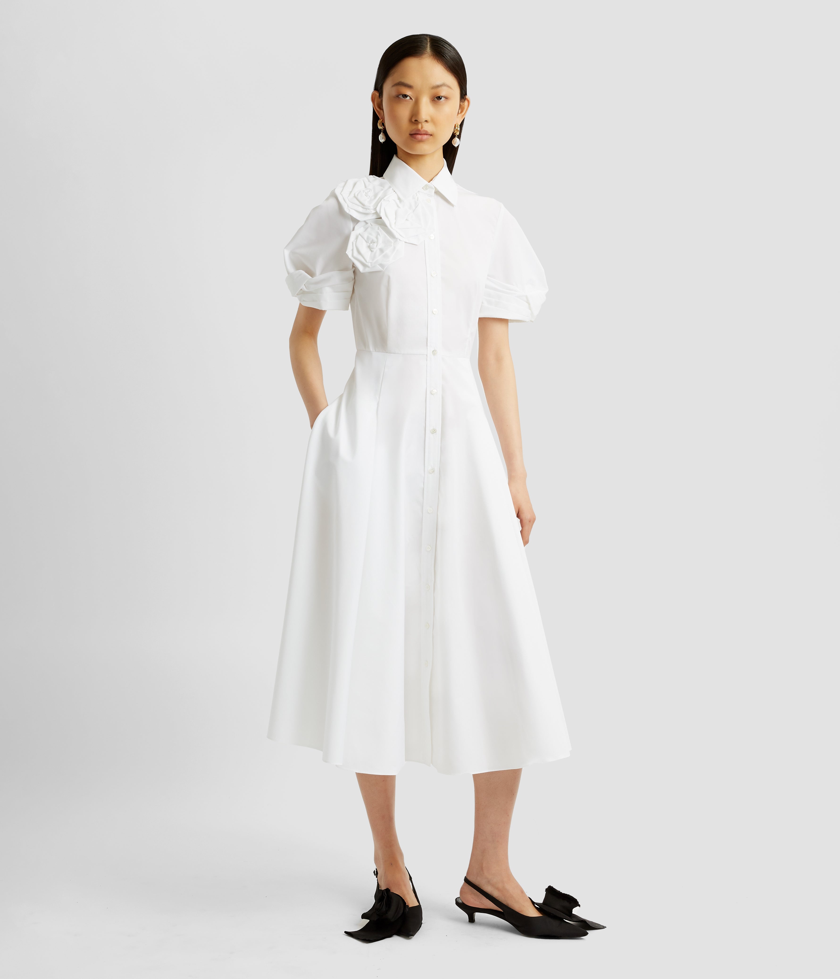 SHORT SLEEVE MIDI SHIRT DRESS WITH ROSETTES - 3