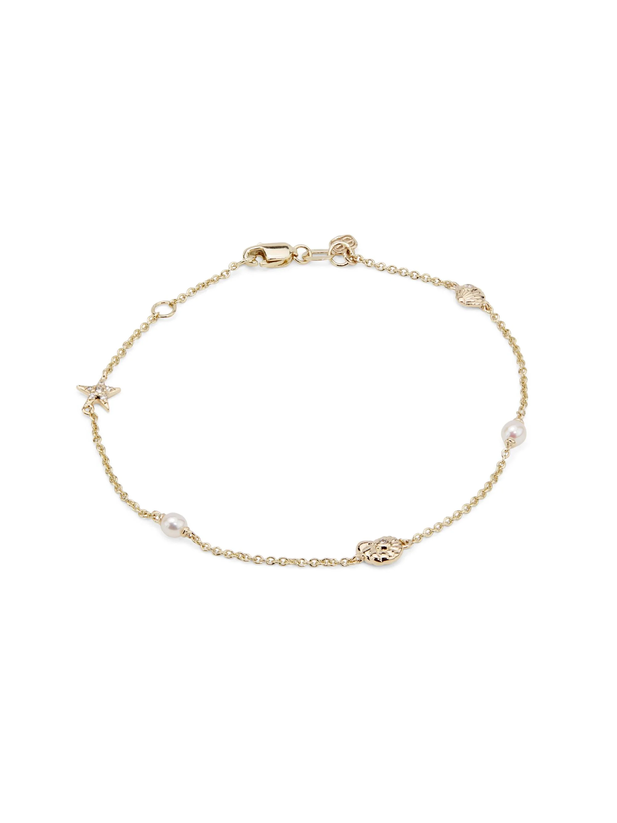 Women's 14K Yellow Gold, Cultured Freshwater Pearl & 0.03 TCW Diamond Sea Charm Bracelet - Yellow Go - 1