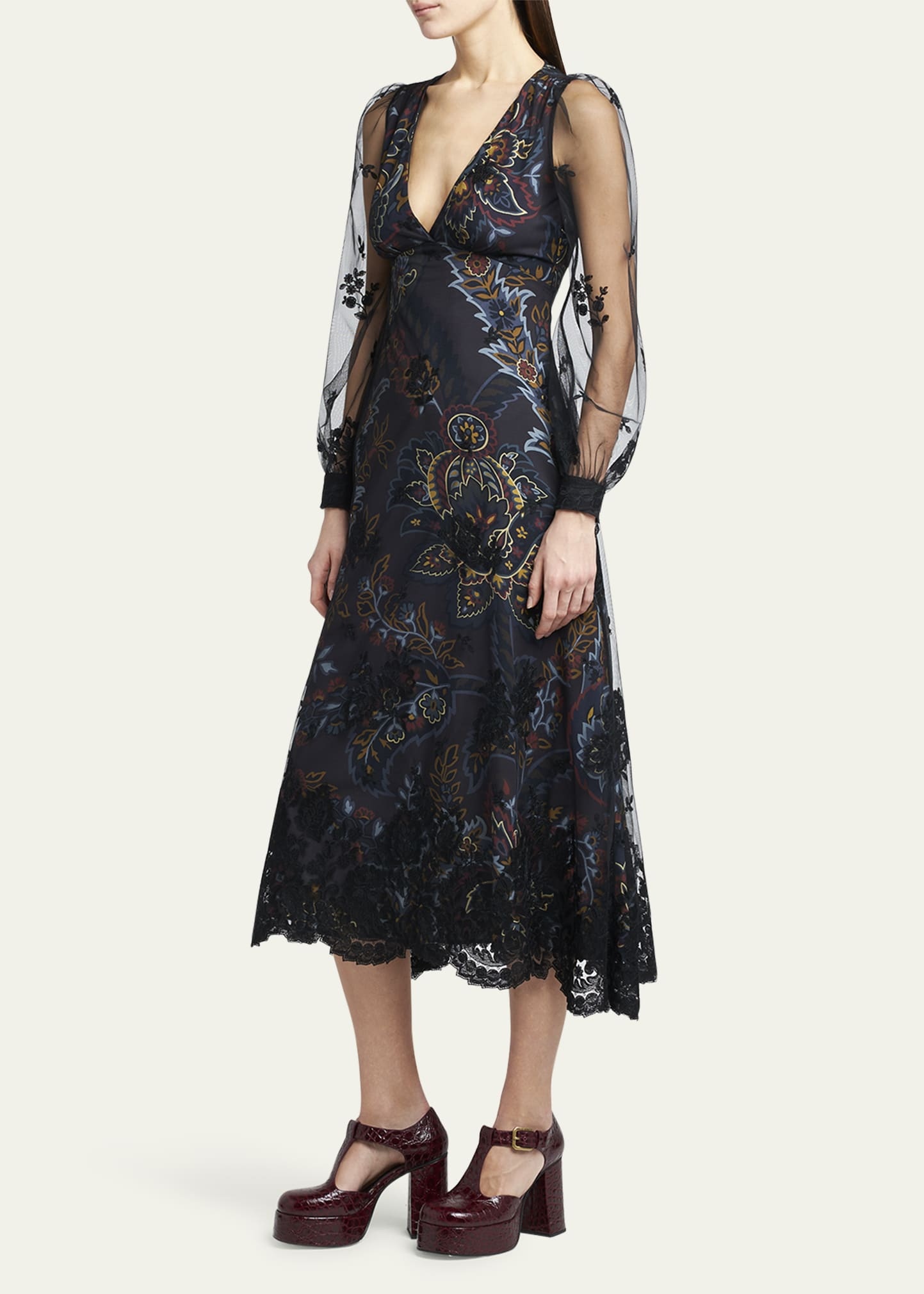 Printed Floral Embroidered Balloon Sleeve Midi Dress - 4