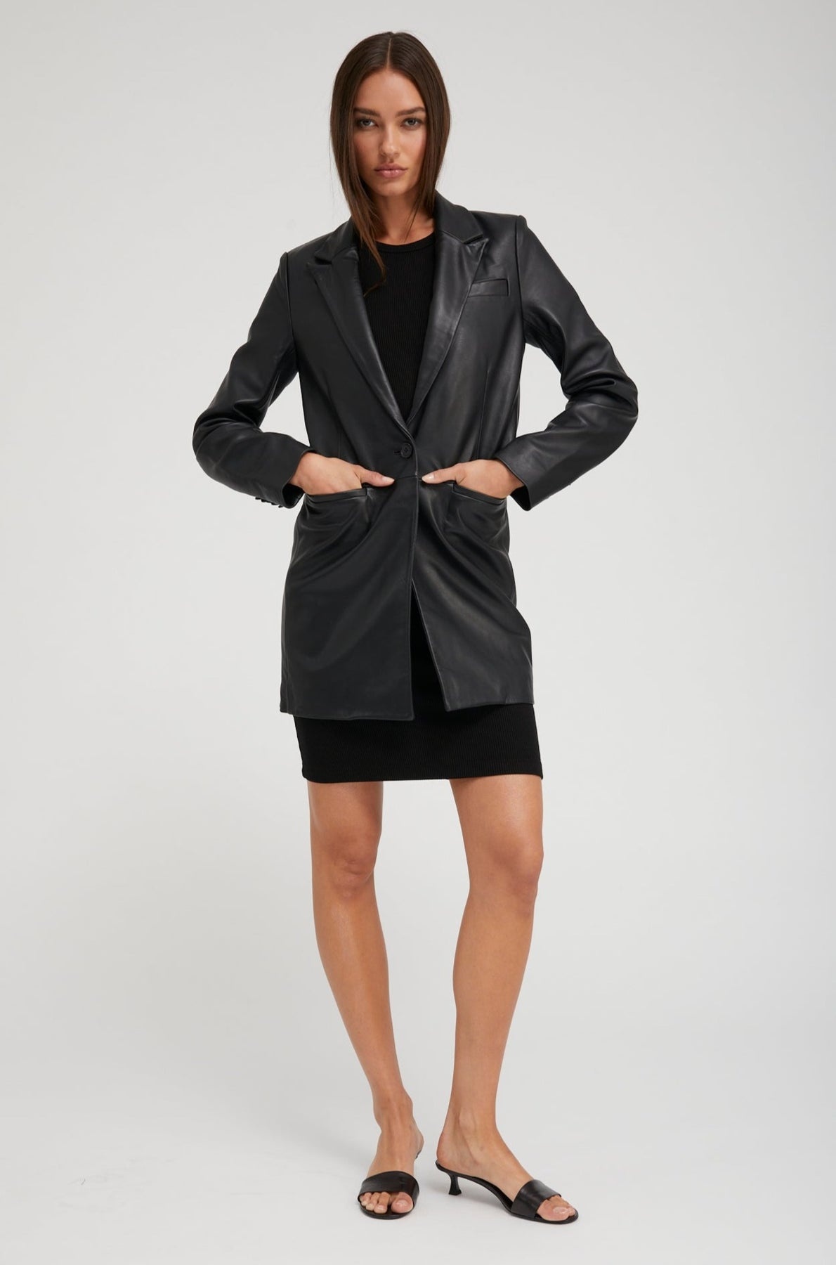 BLACK LEATHER BLAZER COAT - 7