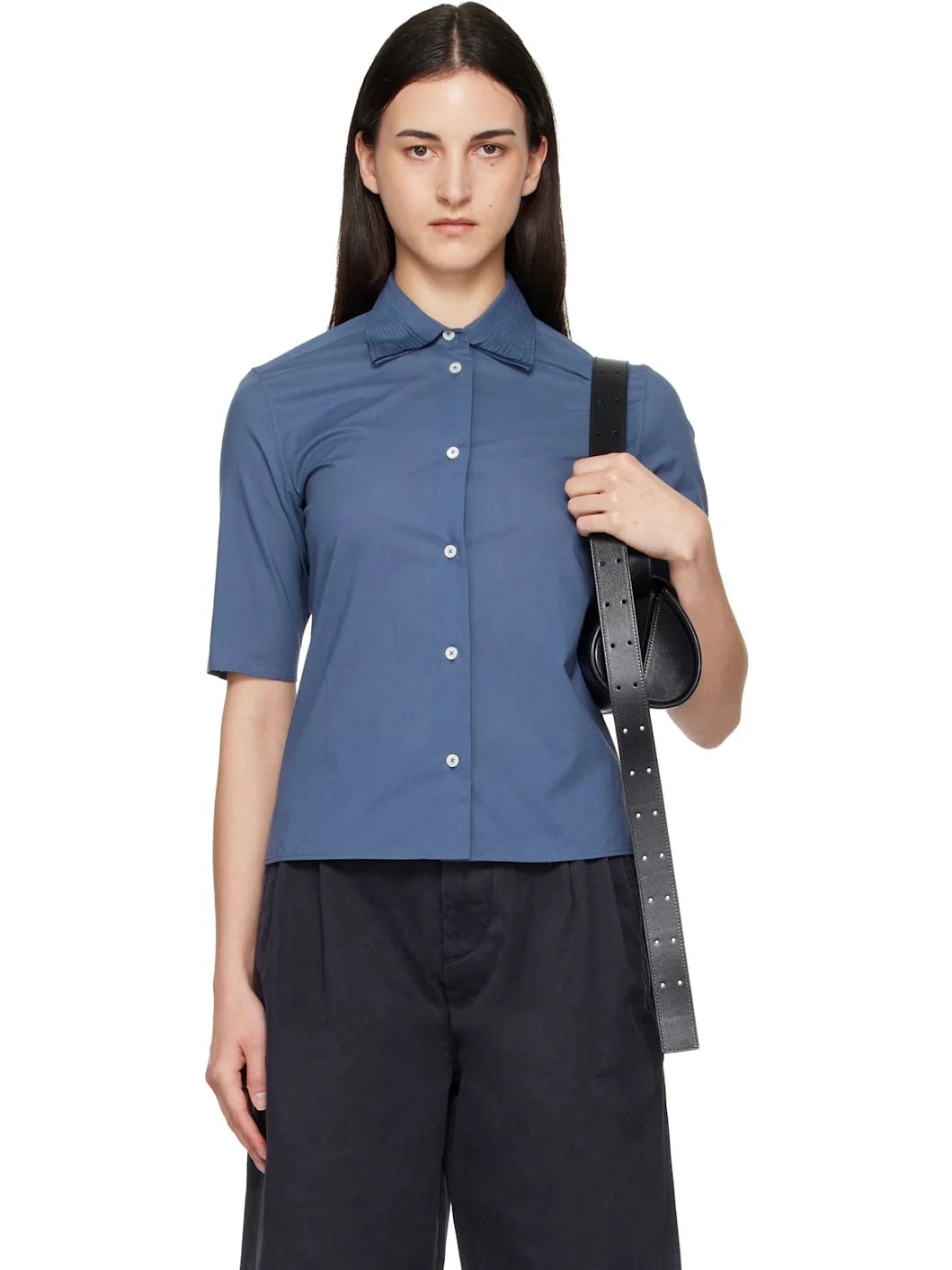 Blue Slim Fit Short Sleeve Back Darts Shirt - 1
