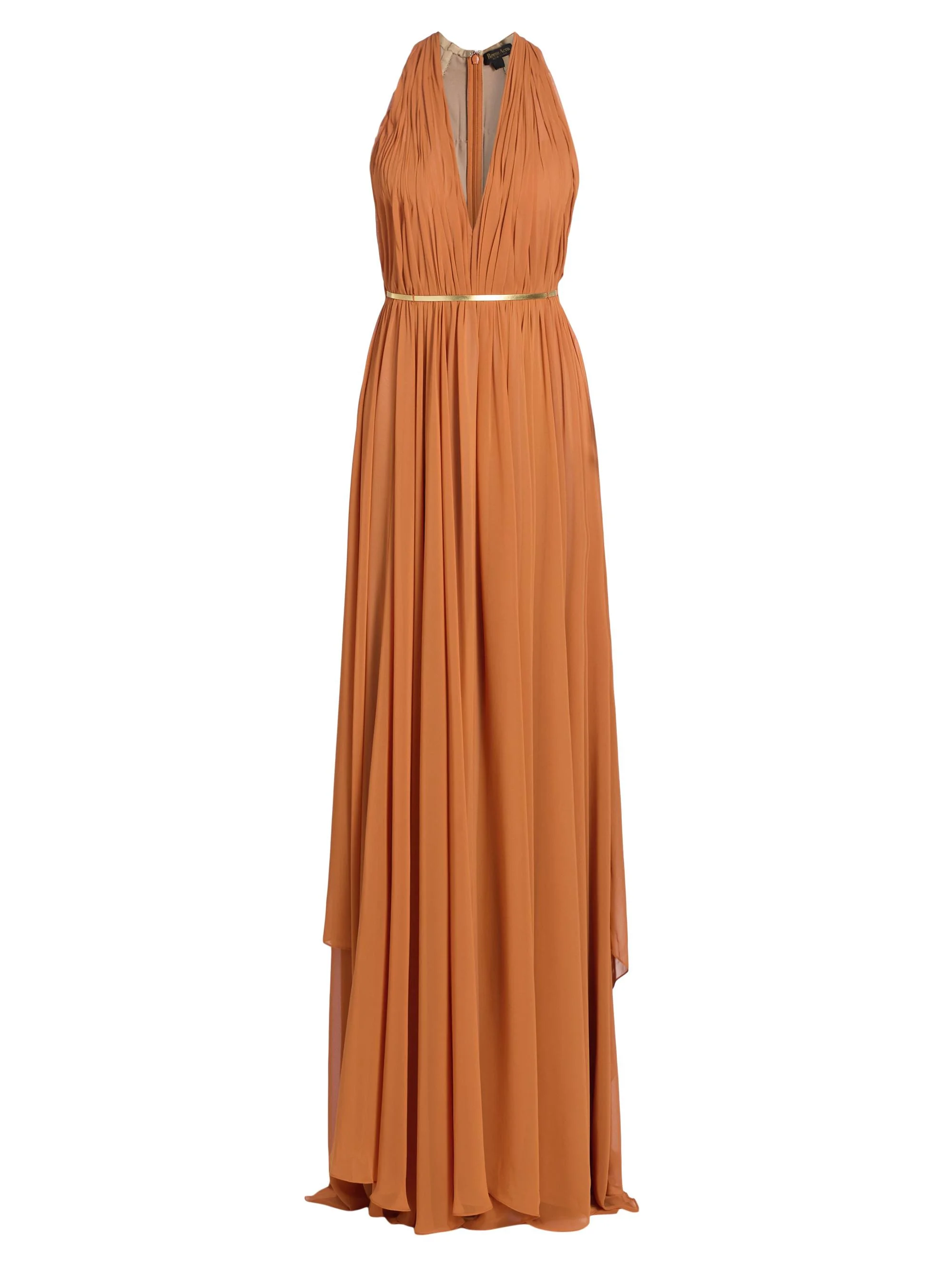 Women's Pleated Chiffon Belted A-Line Gown - Copper Gold - 1