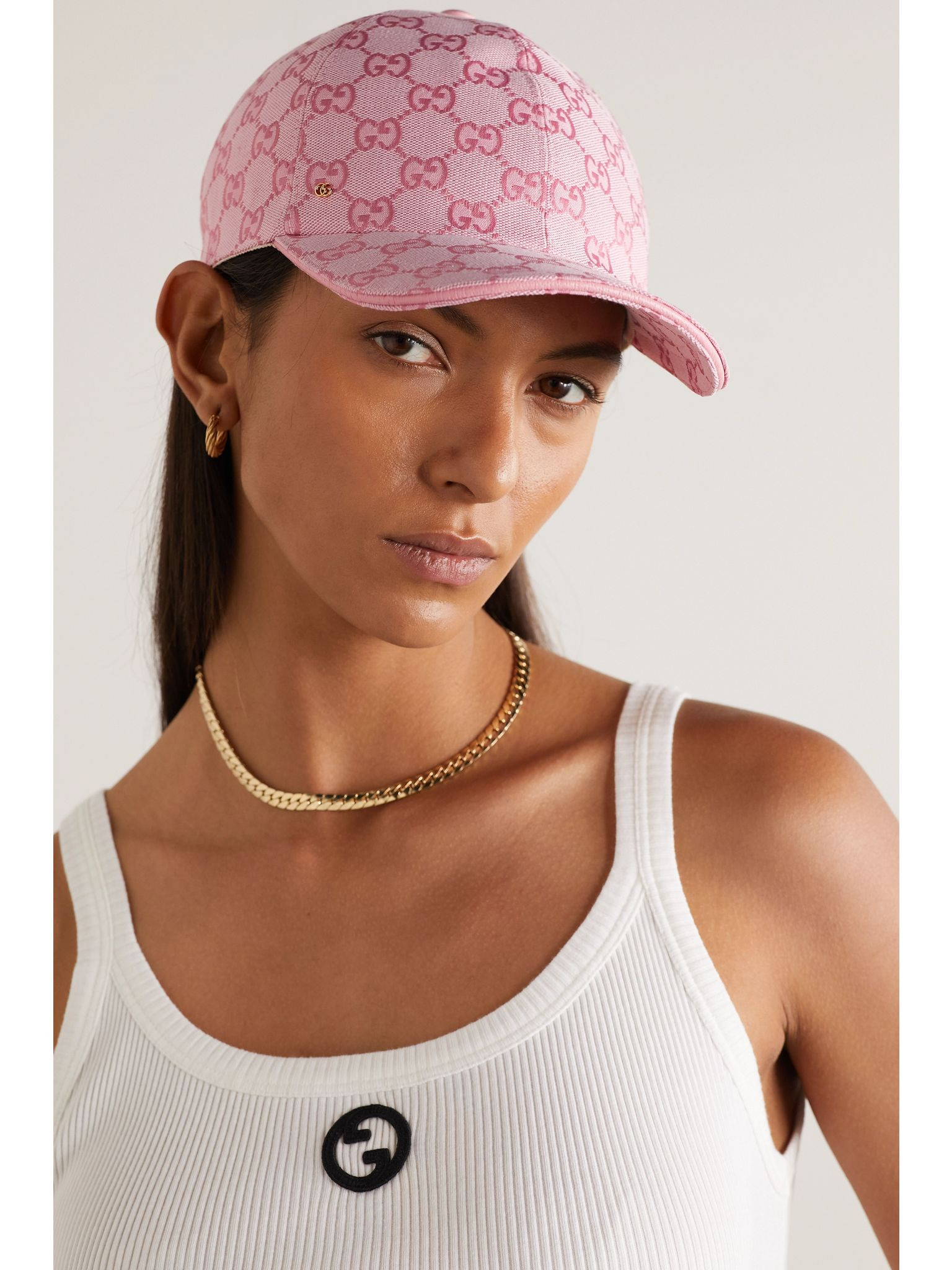 Leather-trimmed cotton-blend canvas-jacquard baseball cap Pink - 2
